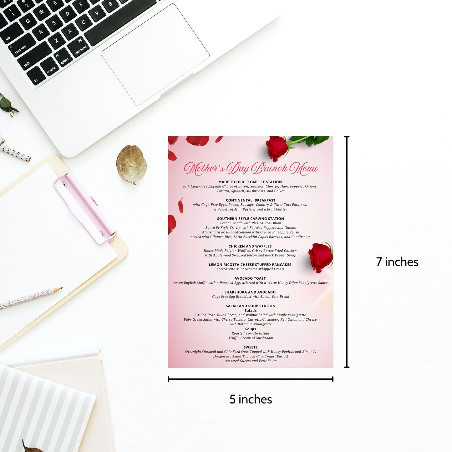 Elegant Mother's Day brunch menu featuring a sophisticated design with red and pink roses, customizable for a perfect family gathering.