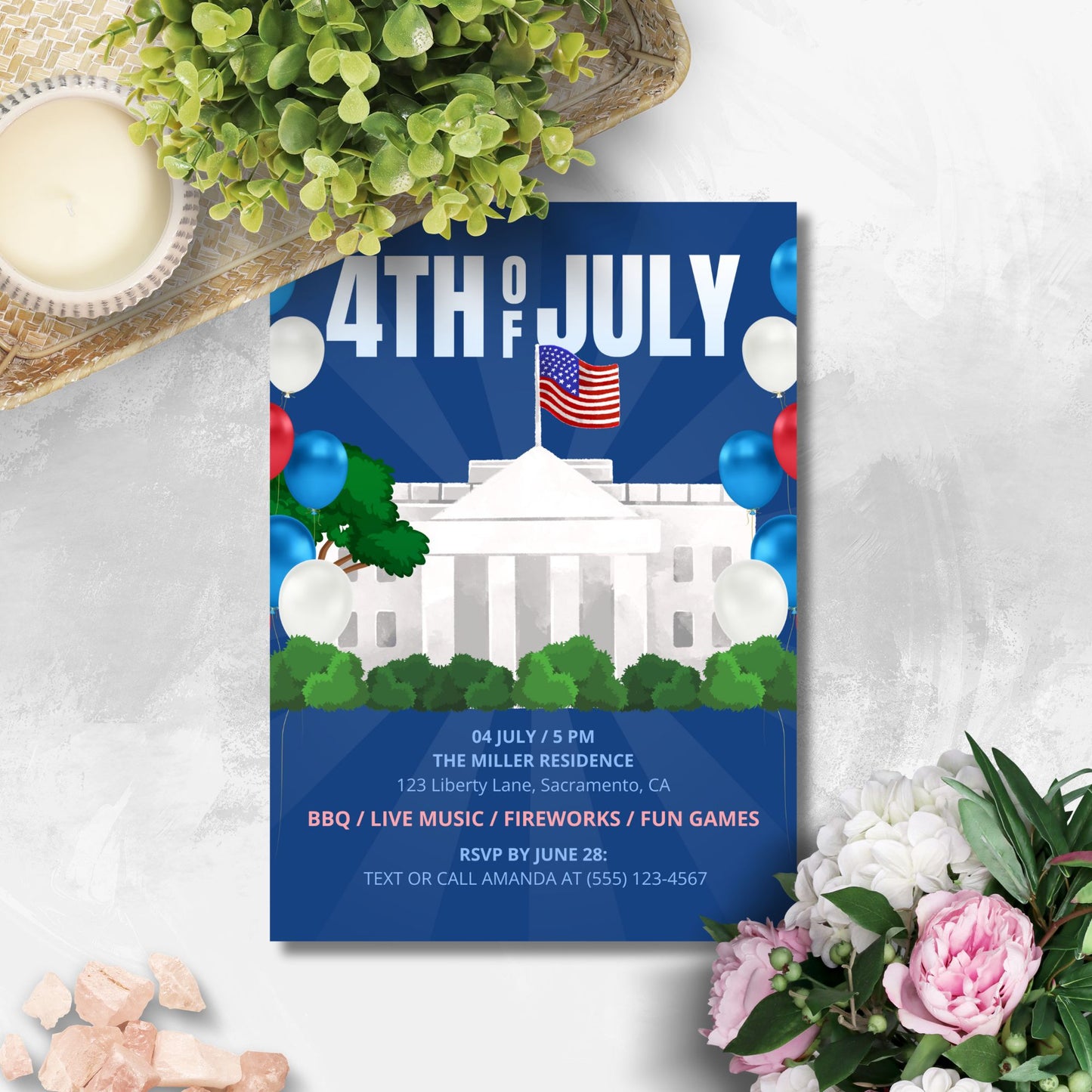 Editable 4th of July invitation featuring the White House, American flag, and red, white, and blue balloons. Great for patriotic cookouts and family celebrations.