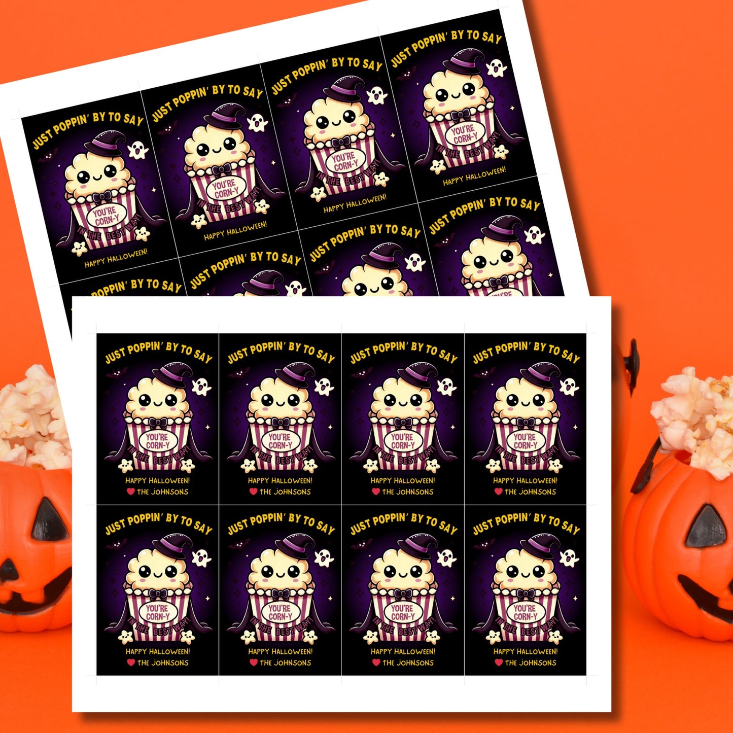 Halloween-themed printable gift tags with the message "Just Poppin' By to Say You're Corn-y in the Best Way" featuring a cute popcorn character dressed in Halloween attire. Tags are 2.5 x 3.5 inches, laid out 8 per sheet on a standard 8.5 x 11-inch page. Includes a printable PDF and a PDF with a link to an editable Canva template.