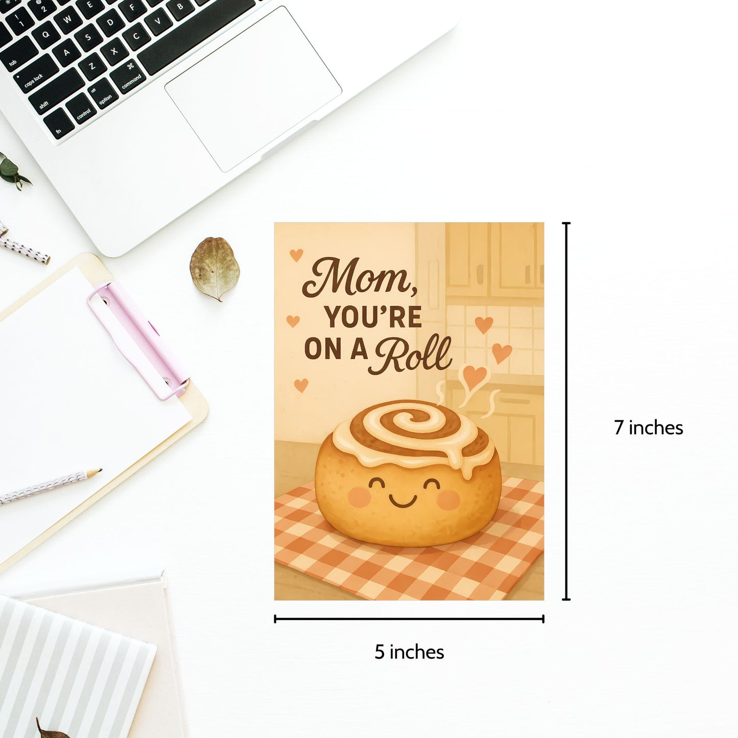Printable 5x7 Mother’s Day card with the message “Mom, You’re On a Roll,” featuring a cinnamon roll graphic and playful pastel design, available as an instant PDF download.