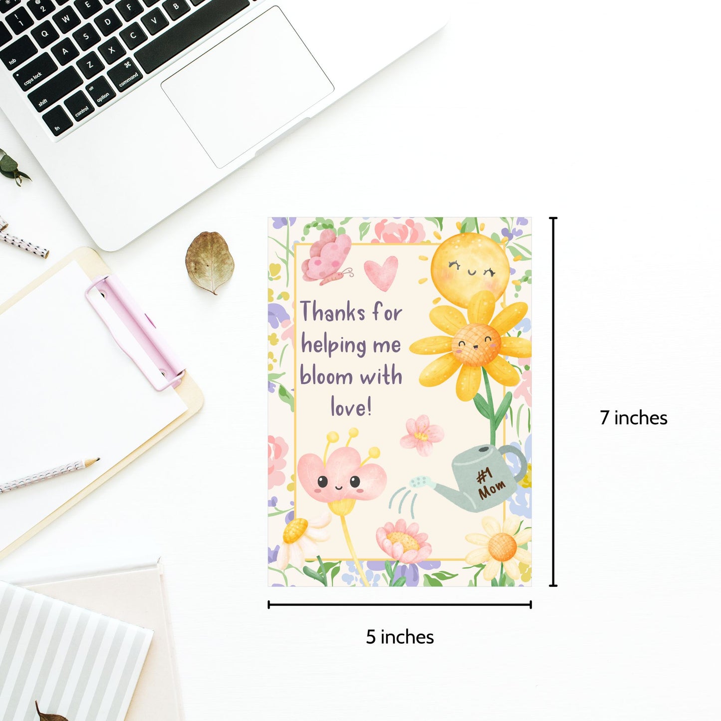Printable 5x7 card with floral illustrations and the message “Thank You for Helping Me Bloom with Love,” ideal for Mother’s Day or teacher appreciation, available as an instant PDF download.