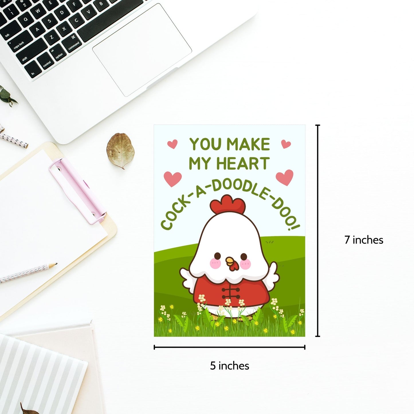Printable Valentine’s Day Greeting Card featuring the phrase “You Make My Heart Cock-a-doodle-doo” with a rooster theme. Designed as a 5x7 PDF on an 8.5 x 11 sheet with two cards per page. A funny and punny Valentine’s card for loved ones.