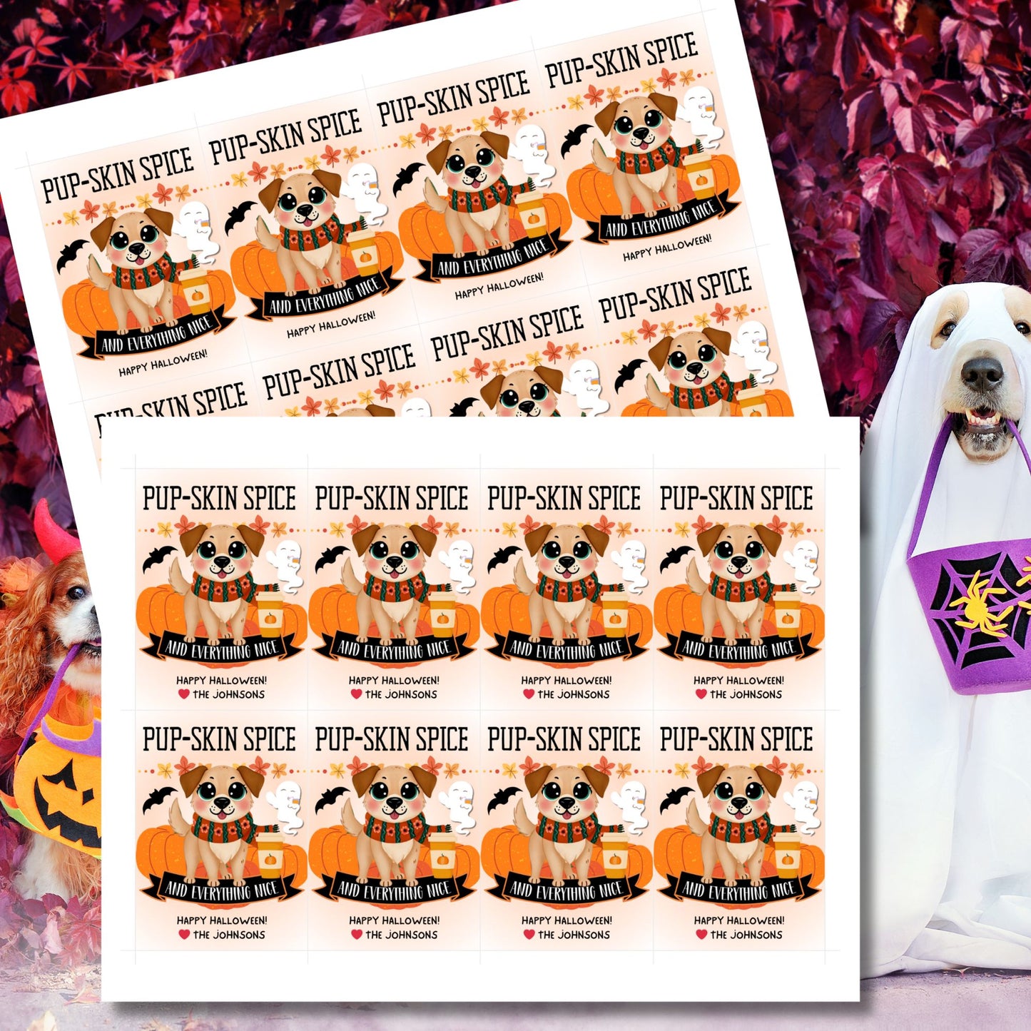 Cute Halloween-themed gift tags featuring a dog with a pumpkin spice latte, surrounded by pumpkins, ghosts, and bats. The tags have the message "Pup-Skin Spice and Everything Nice" and are 2.5 x 3.5 inches, laid out 8 per sheet on an 8.5 x 11-inch page. Includes a printable PDF and a link to an editable Canva template.