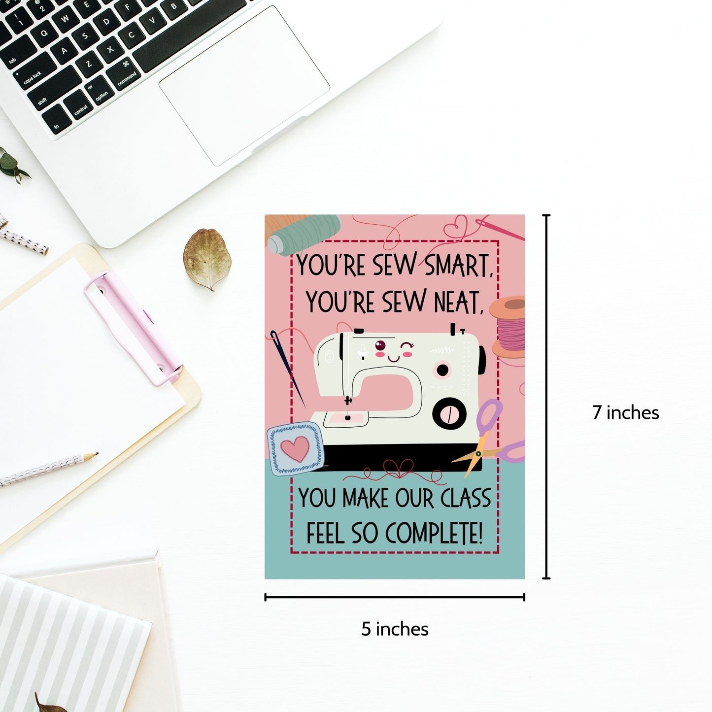A printable sewing-themed Valentine's Day greeting card with the message "You're Sew Smart, You're Sew Neat." Perfect for sewing teachers, quilters, or crafters. Instant download, 5x7 inches.