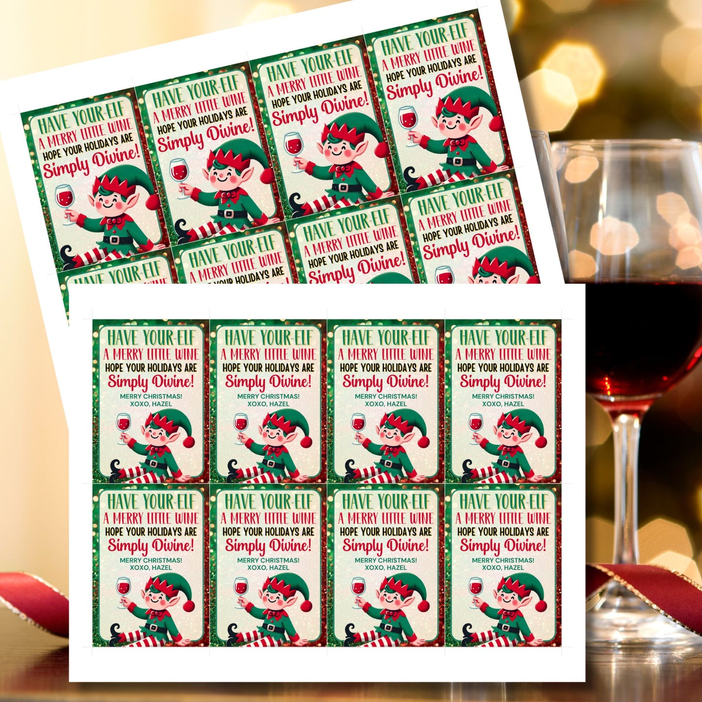 Christmas gift tags featuring a cheerful elf holding a glass of wine with the message "Have Your-elf a Merry Little Wine," perfect for holiday wine gifts. These printable and editable tags add a festive and humorous touch to wine presents.