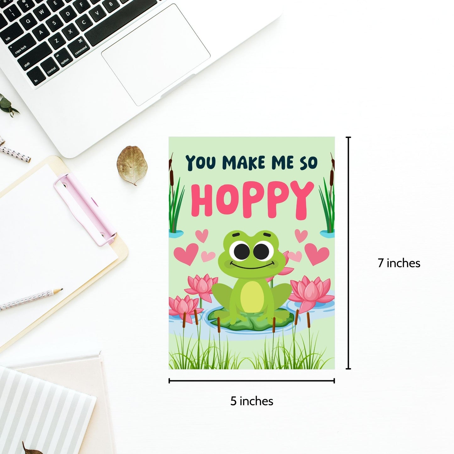 Printable Valentineās Day Greeting Card featuring the pun āYou Make Me So Hoppy.ā Designed as a 5x7 PDF on an 8.5 x 11 sheet with two cards per page. A fun and cute Valentineās card for frog lovers.