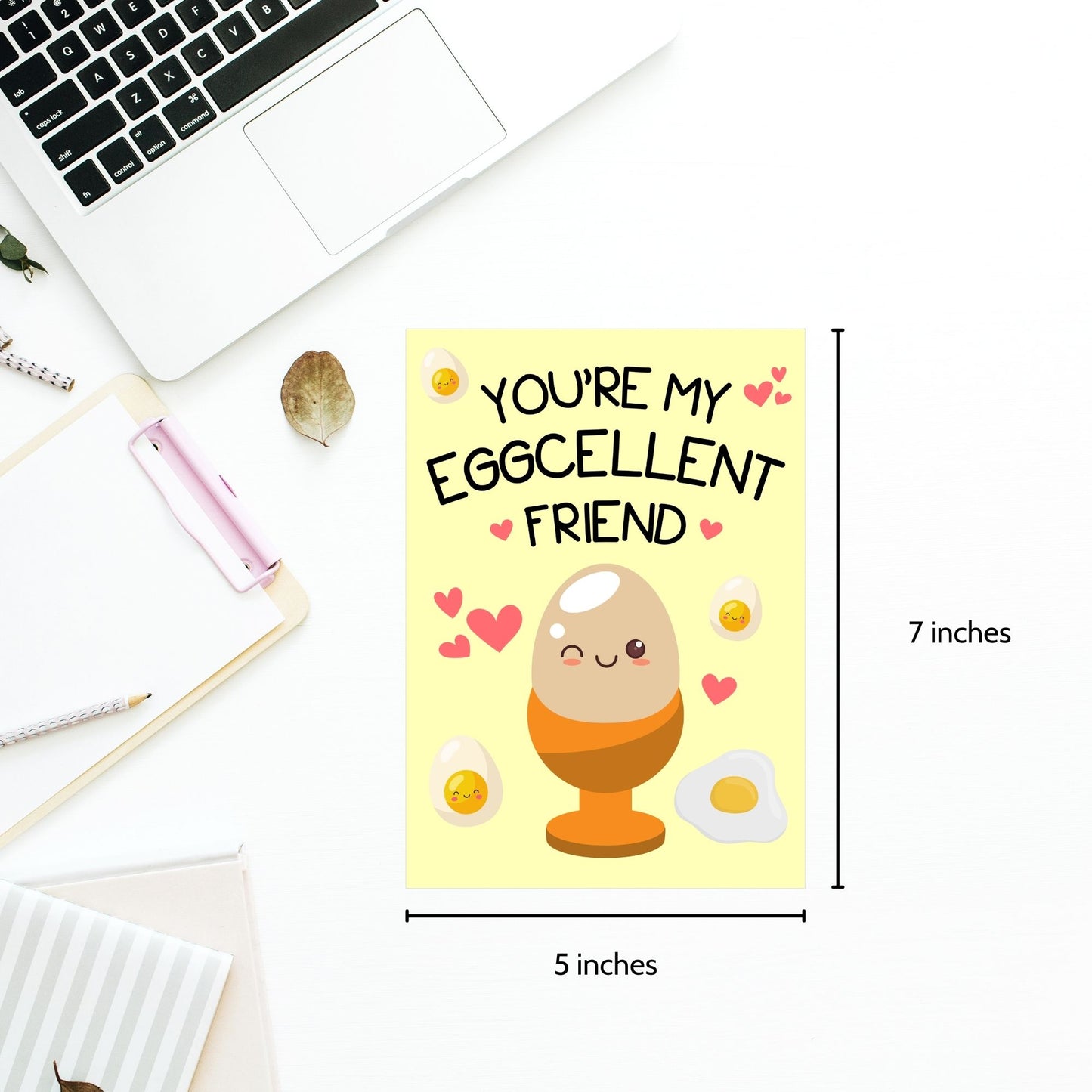 Printable Valentineās Day Greeting Card featuring the pun āYou're My Eggcellent Friend.ā Designed as a 5x7 PDF on an 8.5 x 11 sheet with two cards per page. A fun and heartfelt Valentineās card for friends and food lovers.