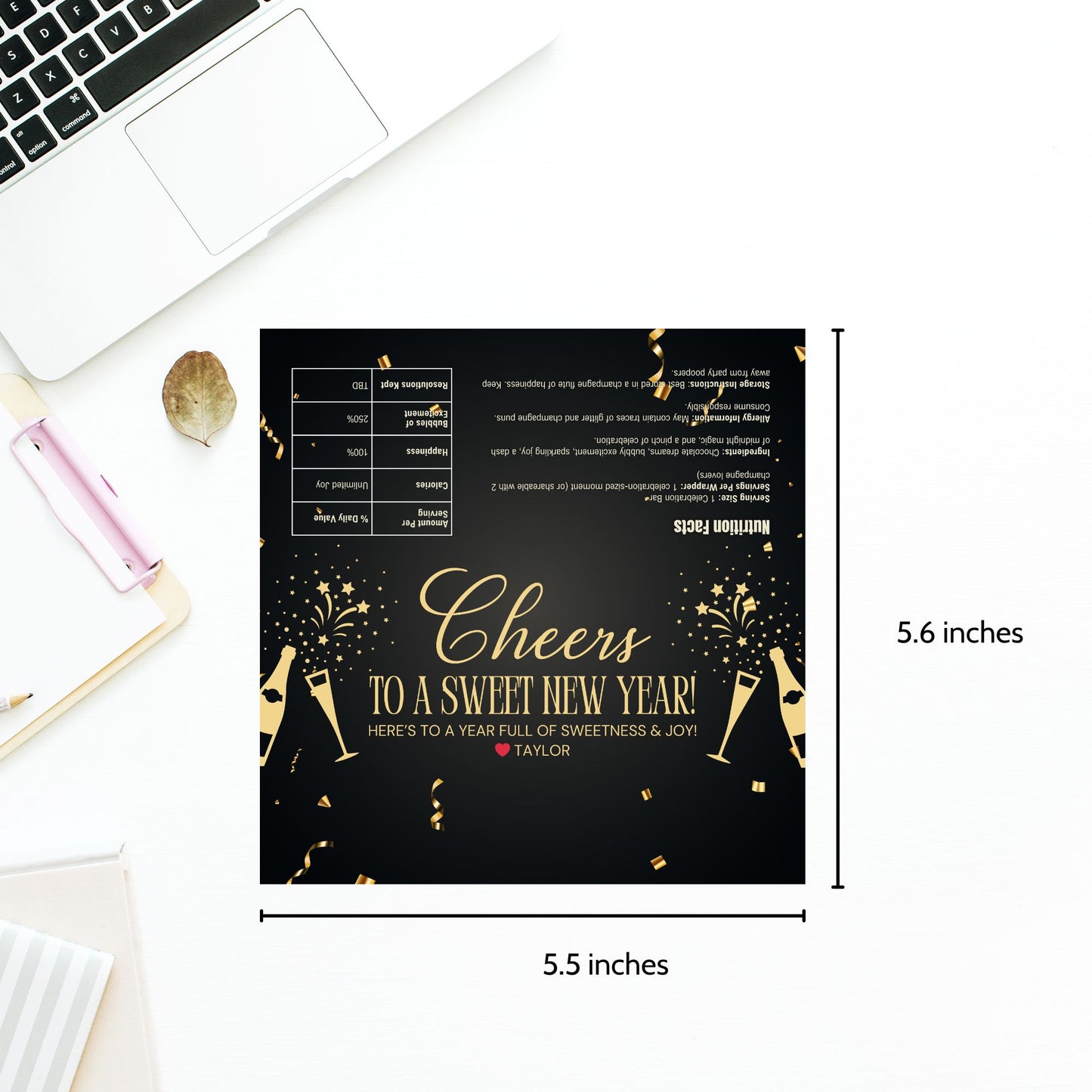 A vibrant New Year chocolate bar wrapper with celebratory designs and customizable text, perfect for adding a personal touch to New Year’s Eve celebrations or party favors.