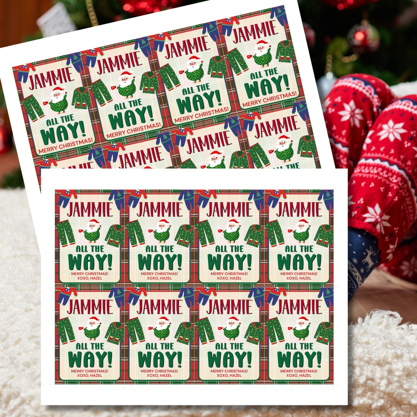 Holiday gift tags with a "Jammie All the Way!" theme, ideal for attaching to pajama gifts, featuring festive holiday pajamas, Santa, and a cozy plaid background.