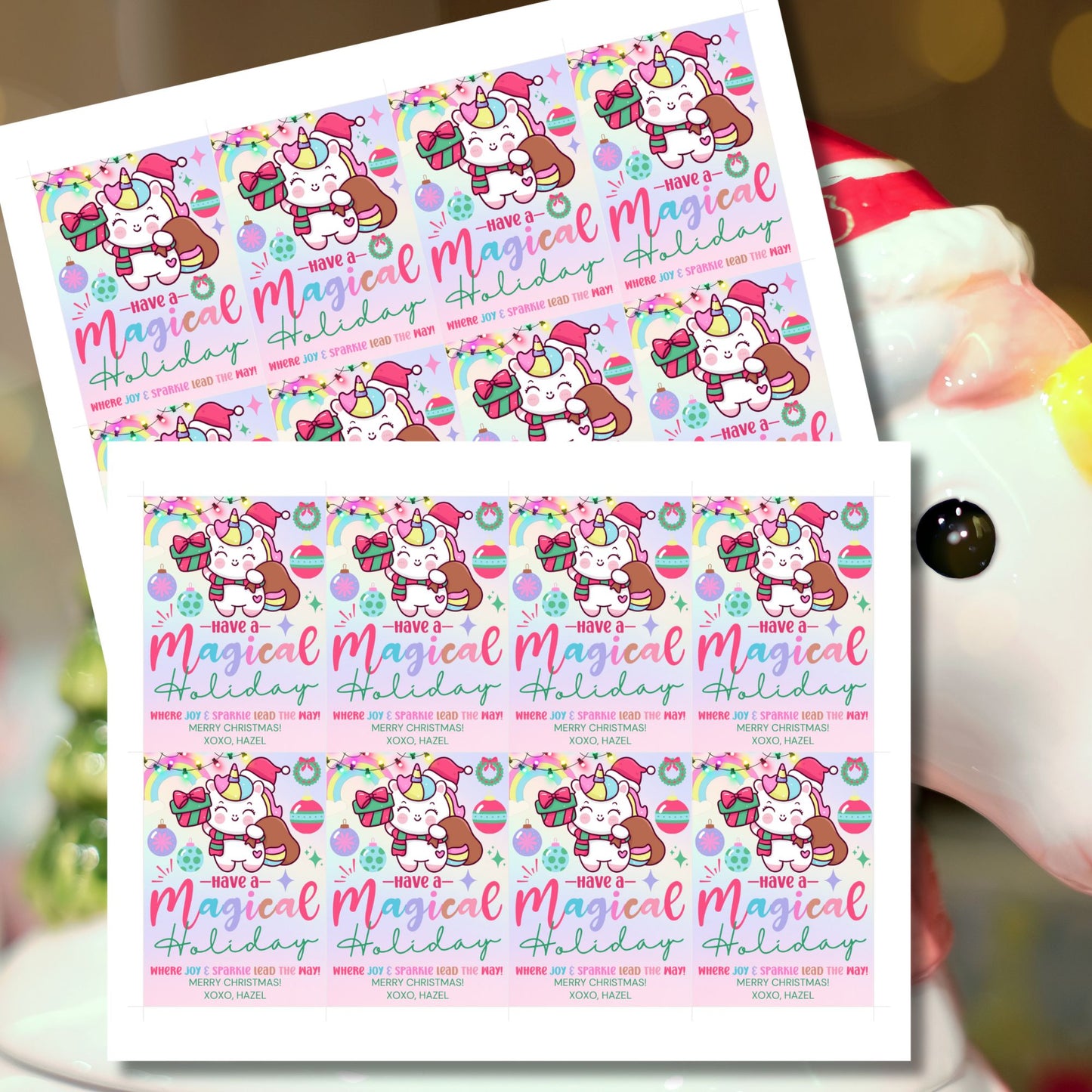 Unicorn-themed holiday gift tags with a pastel design featuring a festive unicorn carrying a gift sack, surrounded by rainbows and ornaments. Text reads 'Have a Magical Holiday.' Perfect for adding sparkle to Christmas presents.