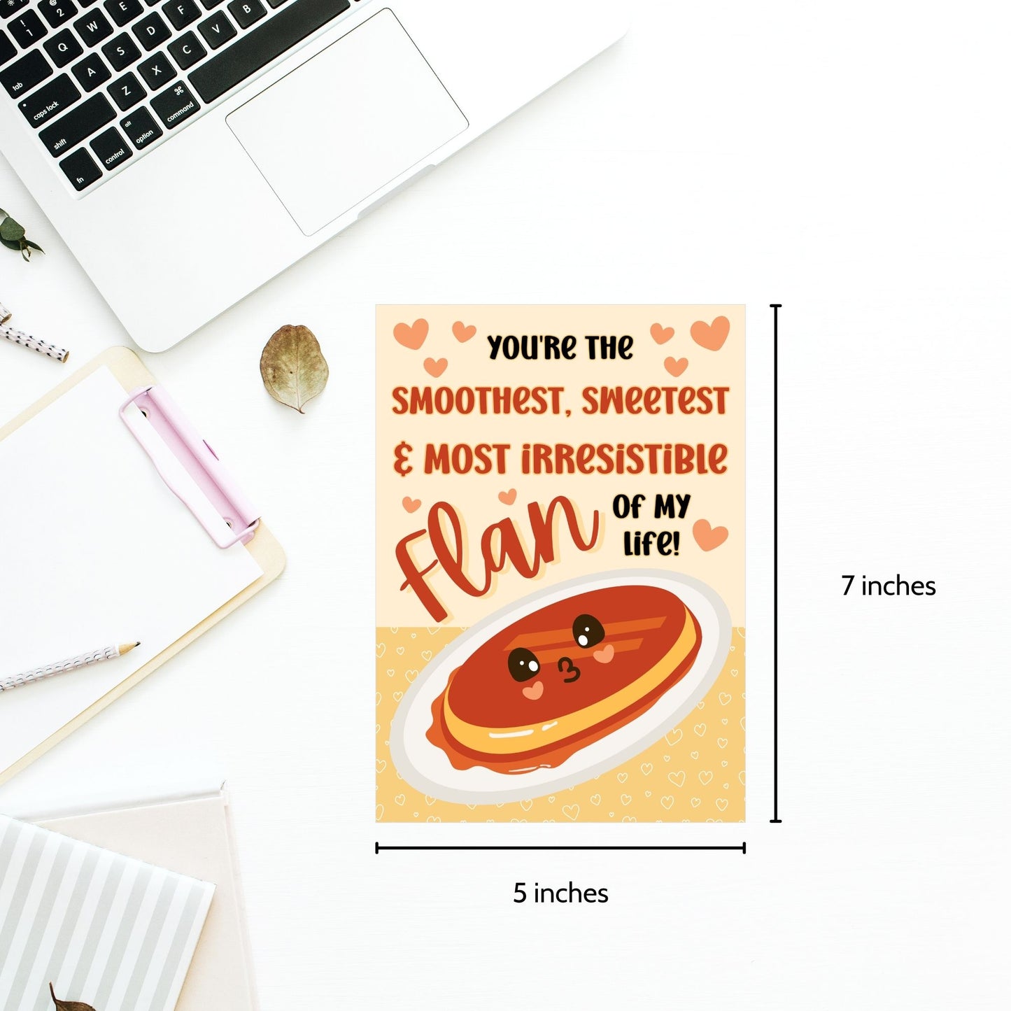 Printable Valentineās Day card featuring the phrase āYouāre the Smoothest, Sweetest Flanā with a Leche Flan-inspired design. Designed as a 5x7 PDF on an 8.5 x 11 sheet with two cards per page. A punny and heartfelt Valentineās card for Filipino food lovers.