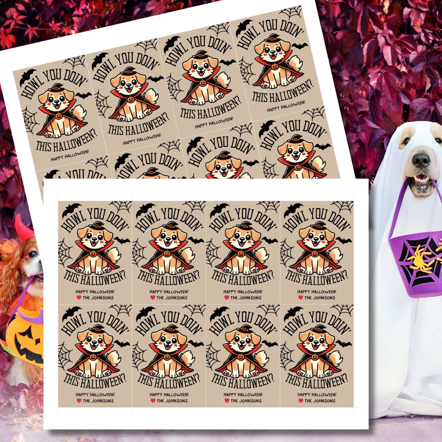 Halloween-themed printable gift tags featuring a cute dog in a costume with the message "Howl You Doin' This Halloween?" Tags are 2.5 x 3.5 inches, laid out 8 per sheet on an 8.5 x 11-inch page. Includes a printable PDF and a PDF with a link to an editable Canva template.