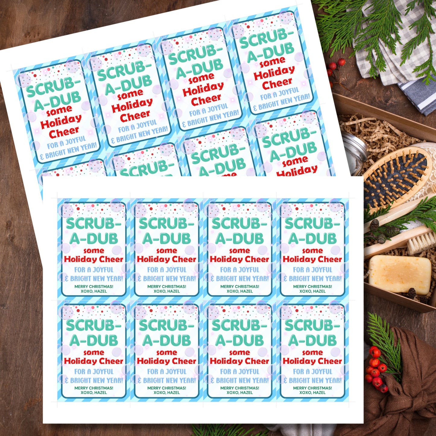 Cheerful Scrub-a-Dub-themed holiday gift tags featuring playful bubbles and a festive design, perfect for loofahs, body scrubs, or bath set gifts.