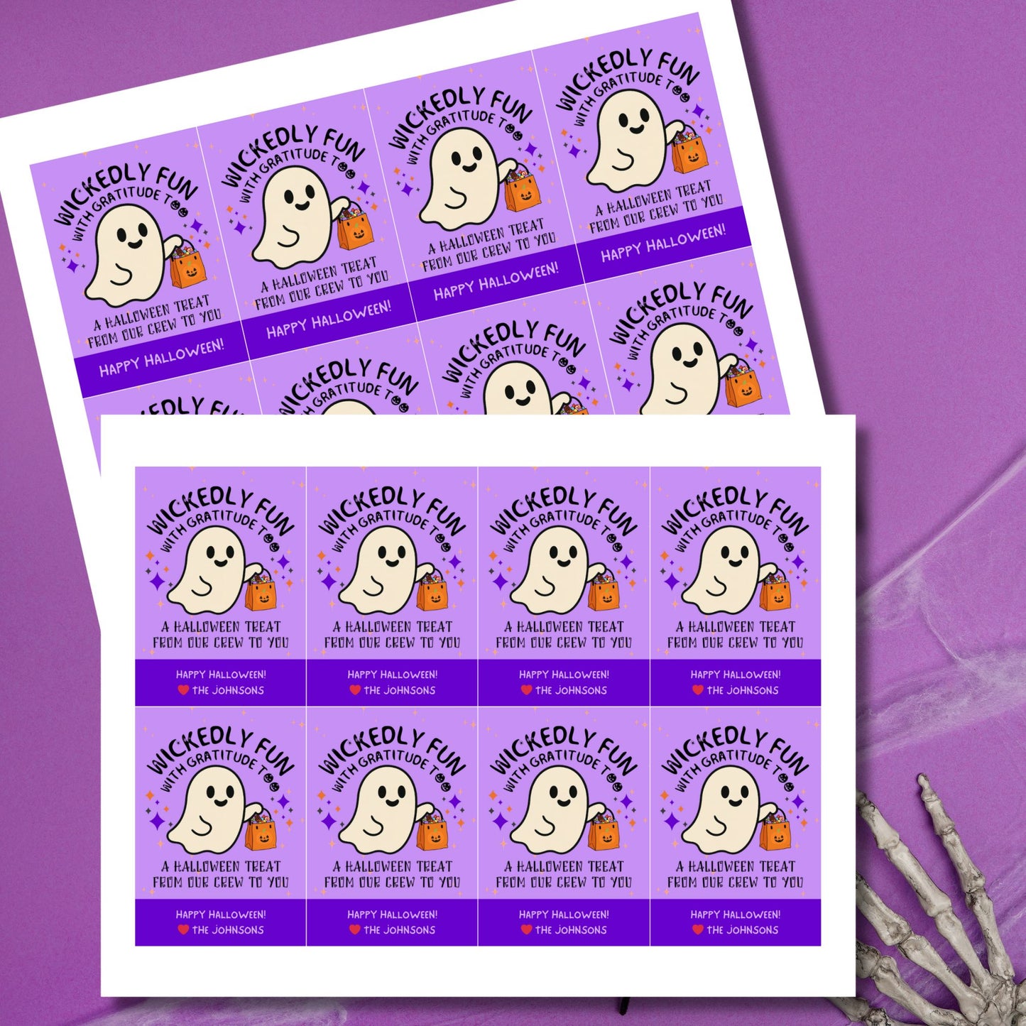 Halloween treat labels with ghost illustrations on a purple background