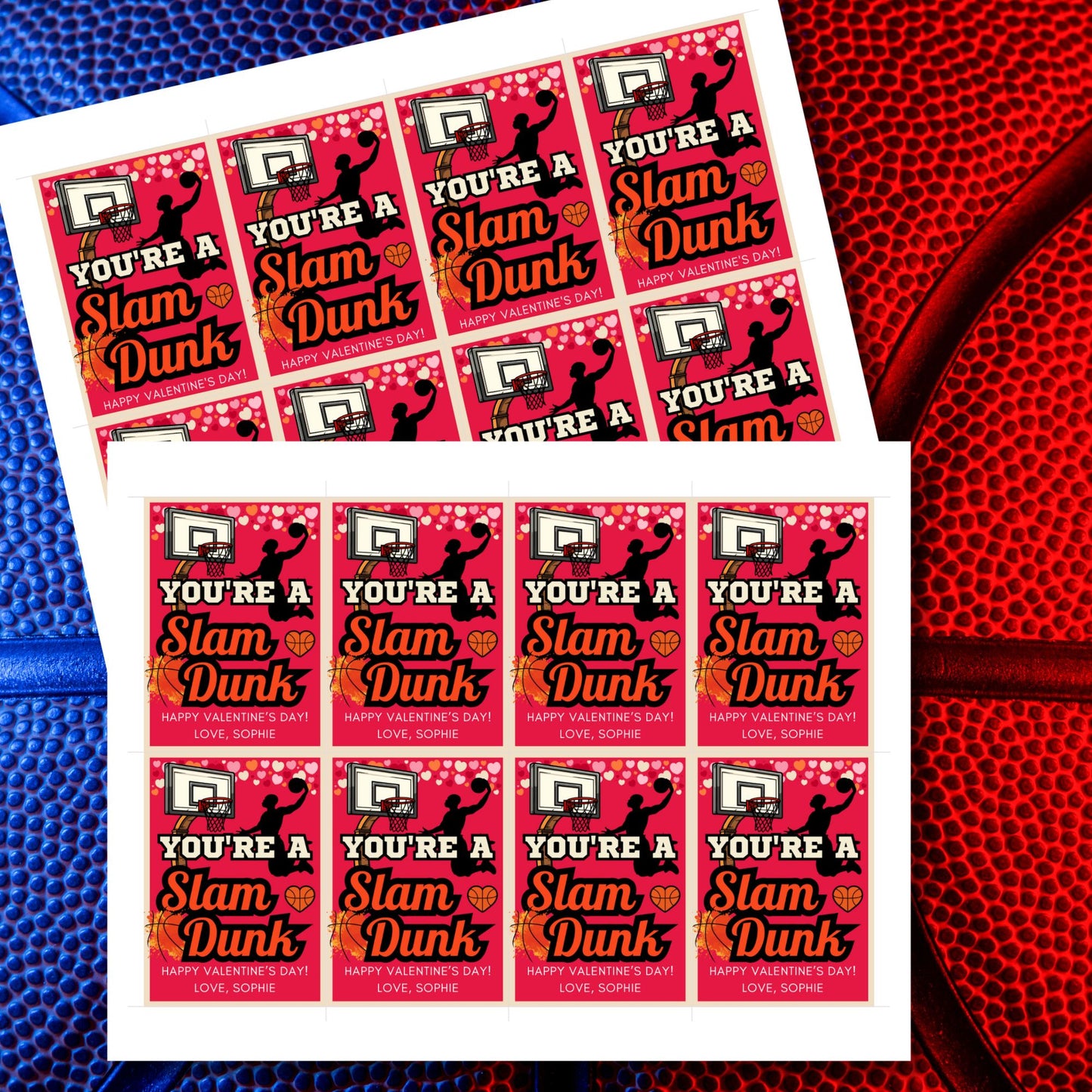 Printable and editable basketball-themed Valentineās Day gift tags with the message "Youāre a Slam Dunk." Features a red and black design with a basketball hoop and hearts, perfect for teammates, coaches, and sports lovers.