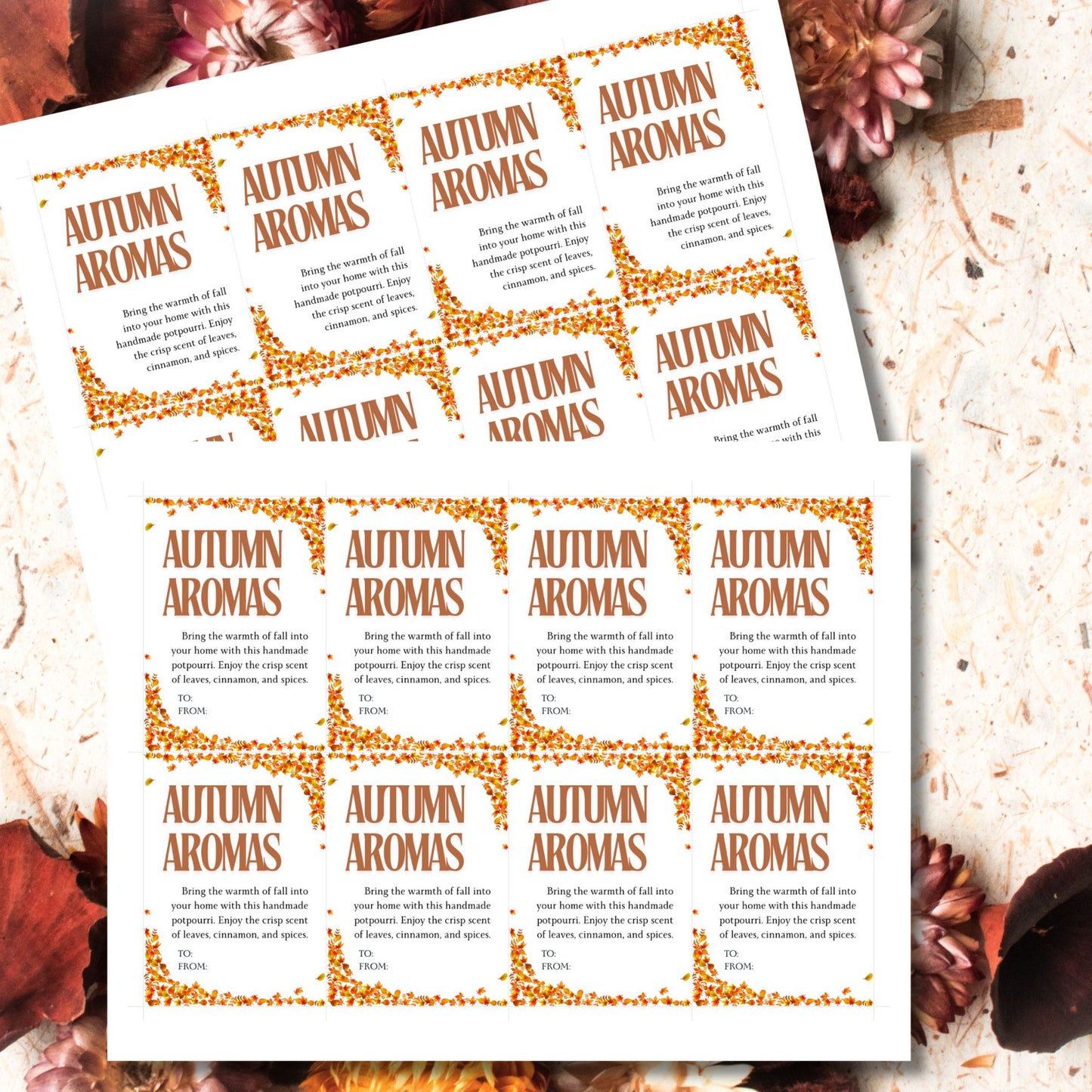 Printable 'Autumn Aromas' fall gift tags with a festive leaf border, perfect for seasonal gifting, potpourri, and Thanksgiving presents. Includes customizable To/From sections for a personalized touch.