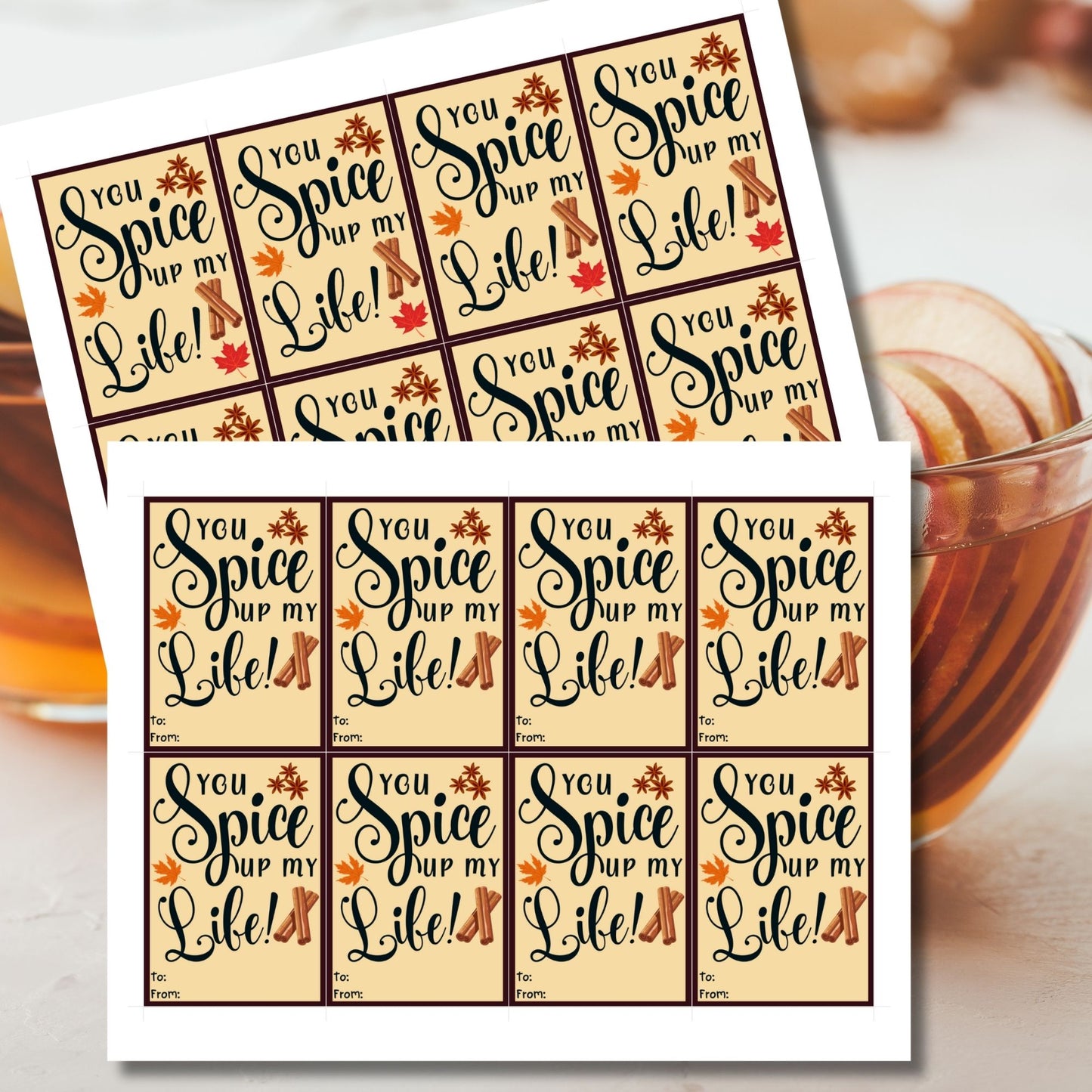 Editable spices-themed fall gift tags with the message 'You Spice Up My Life!' in 2.5 x 3.5 inches, 8 per sheet, available as printable and customizable PDFs.