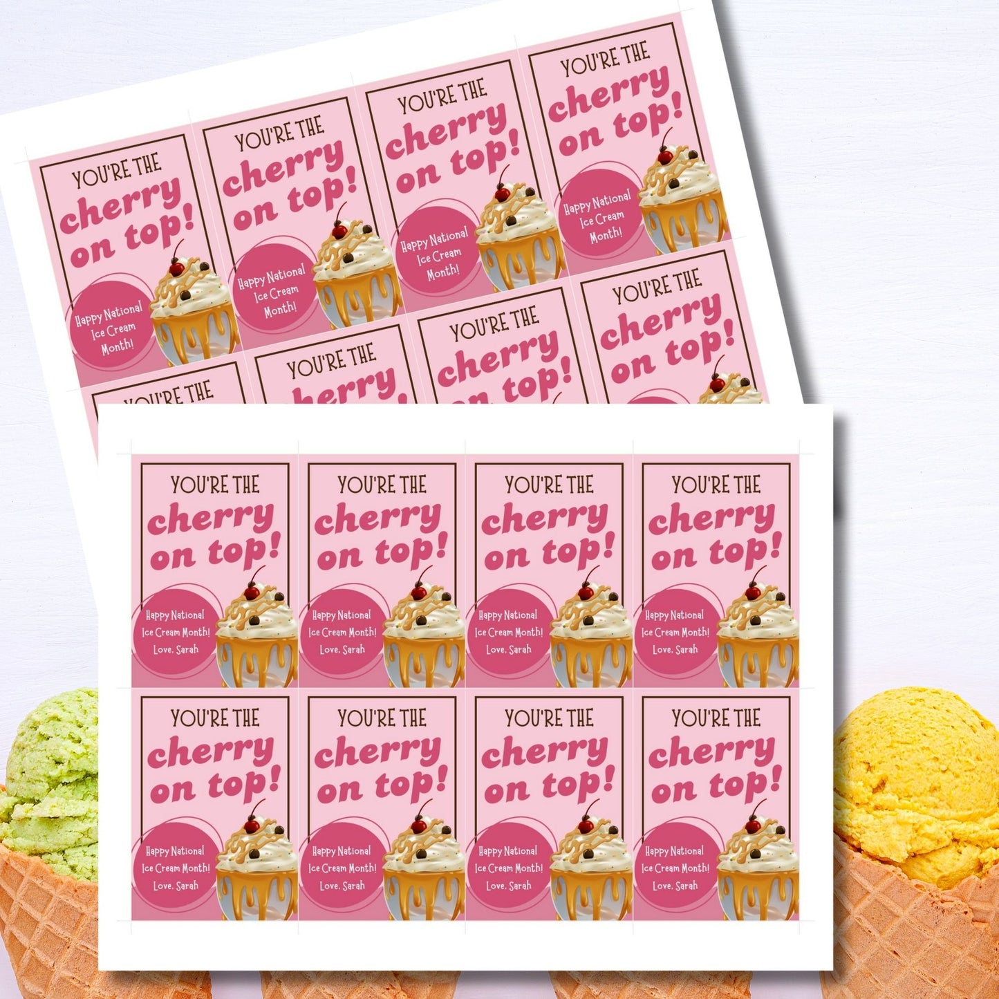 A set of colorful gift tags featuring an ice cream sundae with whipped cream, caramel syrup, and a cherry on top. The tags read "You're the Cherry on Top!" and include a customizable message for National Ice Cream Month.