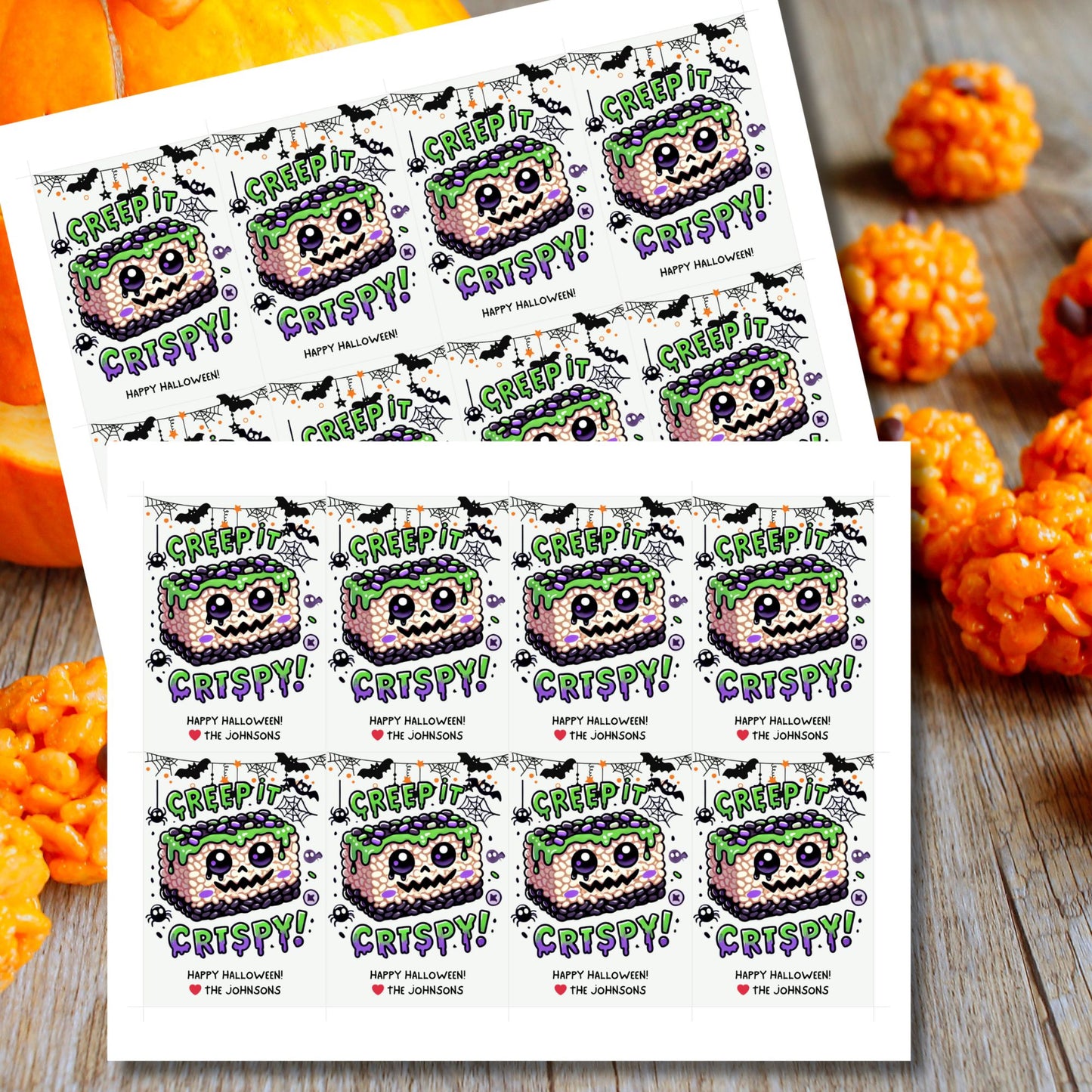 Halloween-themed printable gift tags featuring a spooky rice krispie treat with green frosting and purple sprinkles. The tag reads "Creep It Crispy!" Perfect for Halloween treats, sized 2.5 x 3.5 inches, laid out 8 per sheet. Includes a printable PDF and a link to an editable Canva template.