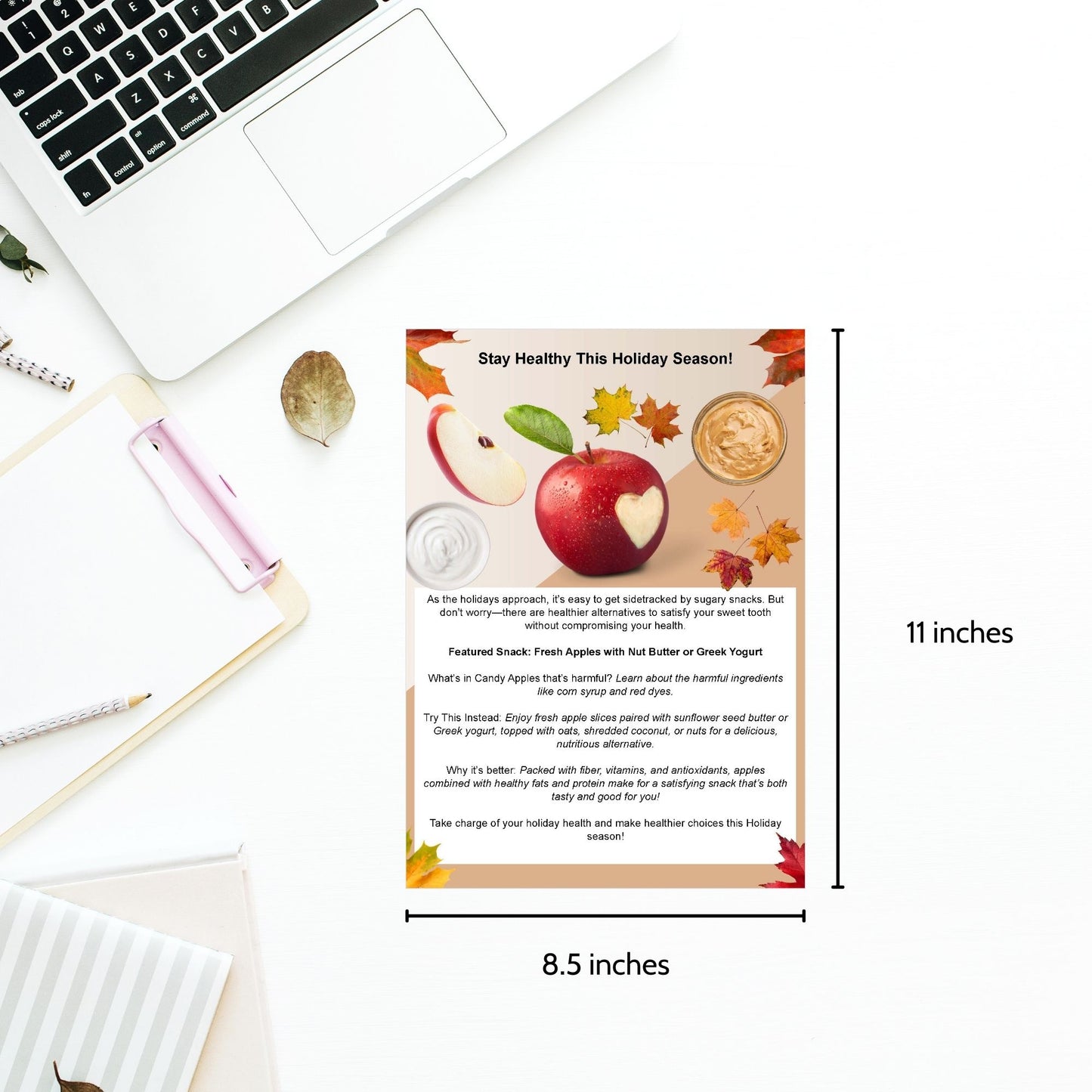 Editable menu template promoting healthy alternatives to candy apples, featuring fresh apple slices with nut butter or Greek yogurt, perfect for wellness events, cafes, and health-conscious consumers.