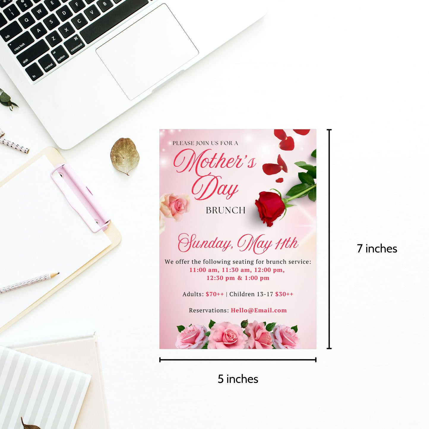 Stylish Mother's Day invitation flyer with editable text areas, decorated with elegant red and pink rose designs.