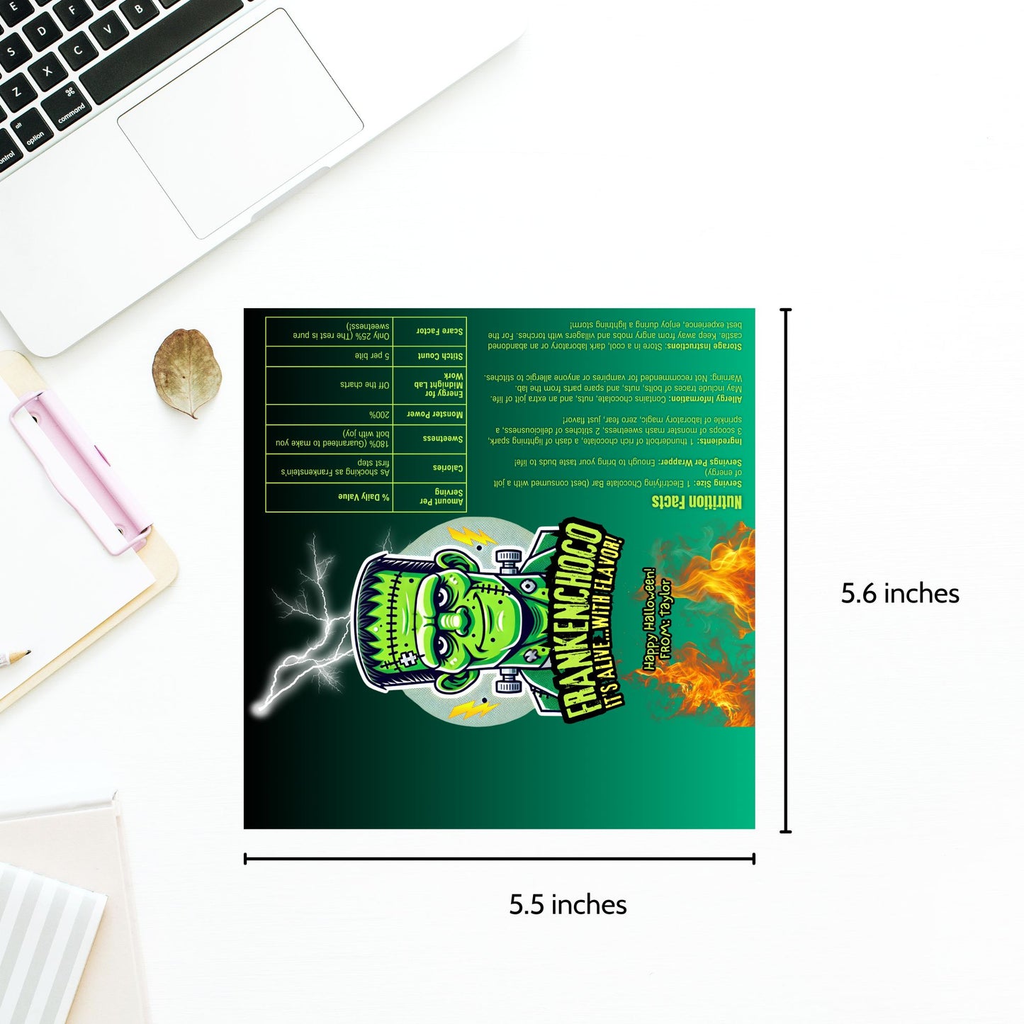 Printable and editable Frankenstein-themed Halloween chocolate bar wrapper featuring a bold Frankenstein design, perfect for spooky Halloween parties and treats.