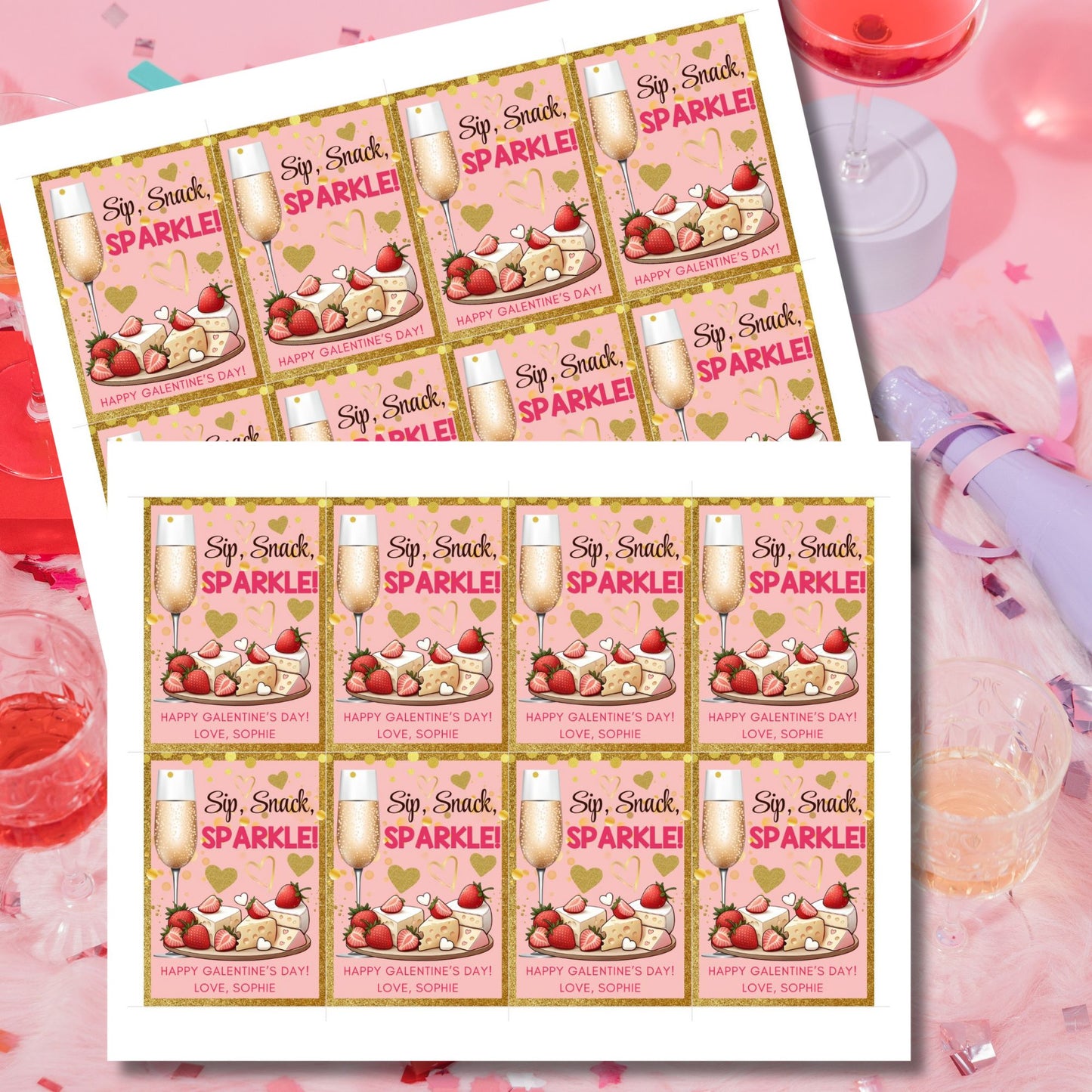 Chic printable and editable Galentine’s Day gift tags featuring champagne, cheese, strawberries, and the message "Sip, Snack, Sparkle!" Perfect for wine nights, brunch, or Galentine’s gift bags.