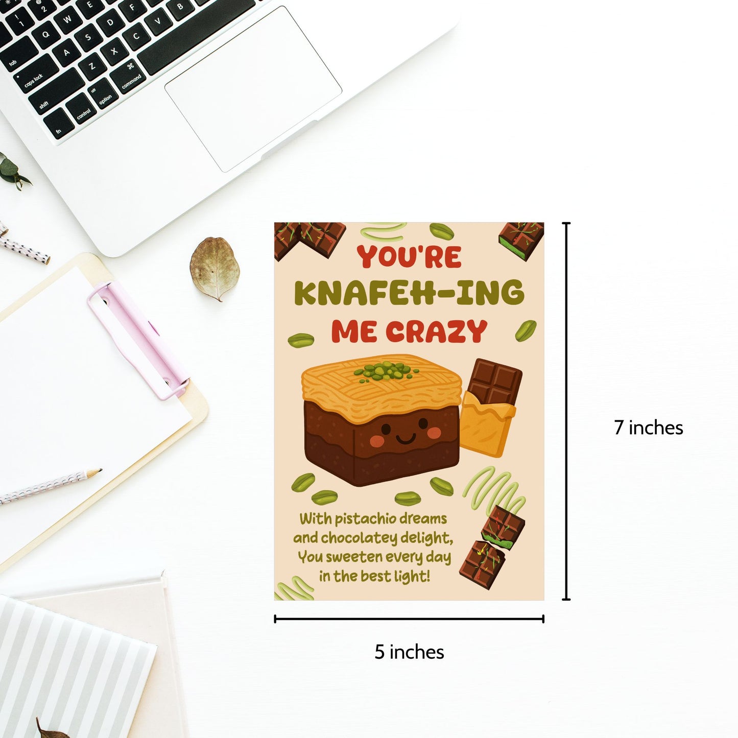 Printable card with playful Middle Eastern dessert pun reading “You’re Knafehing Me Crazy” – 5x7 PDF digital download