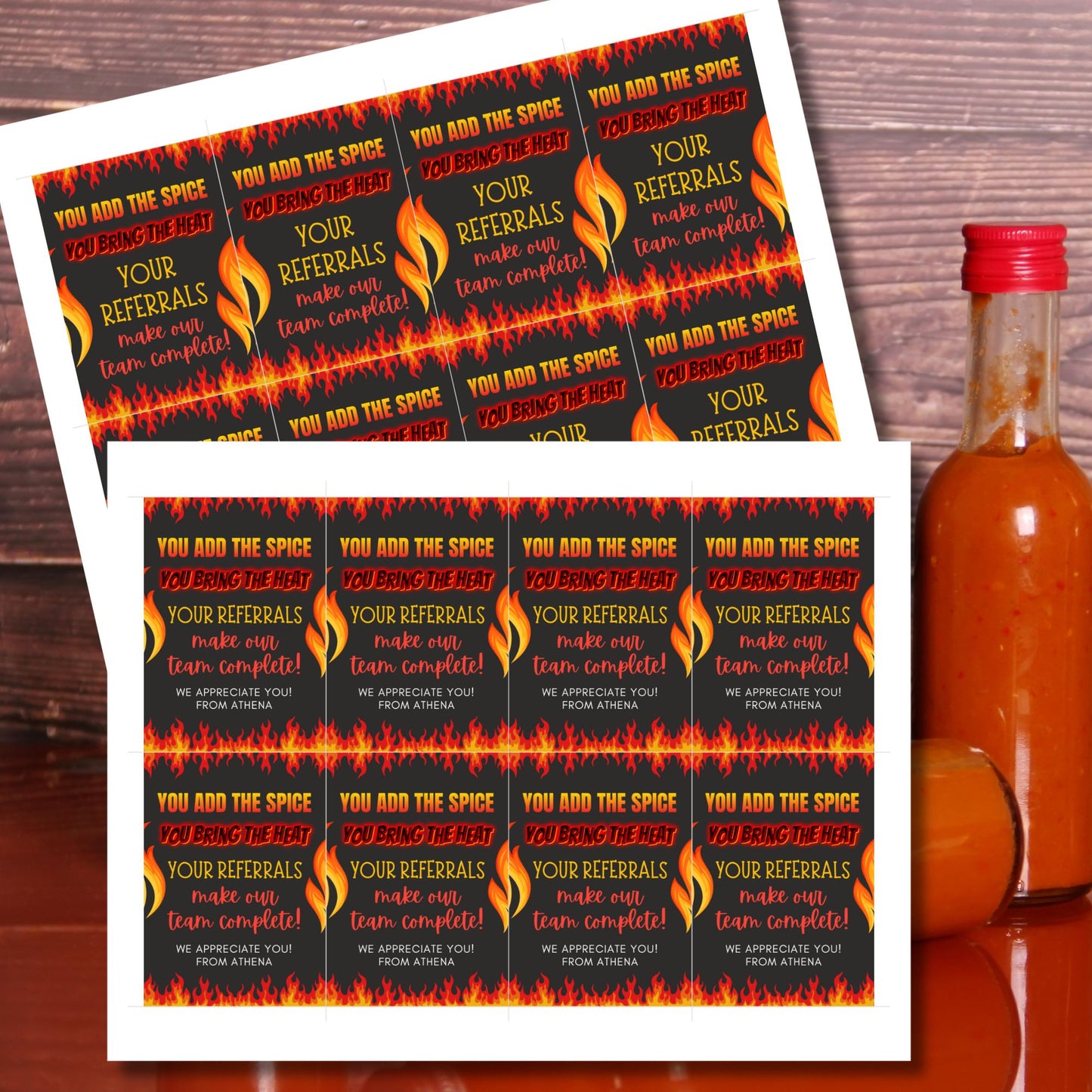A printable PDF of hot sauce-themed referral gift tags, titled "You Add the Spice, You Bring the Heat," customizable in Canva.