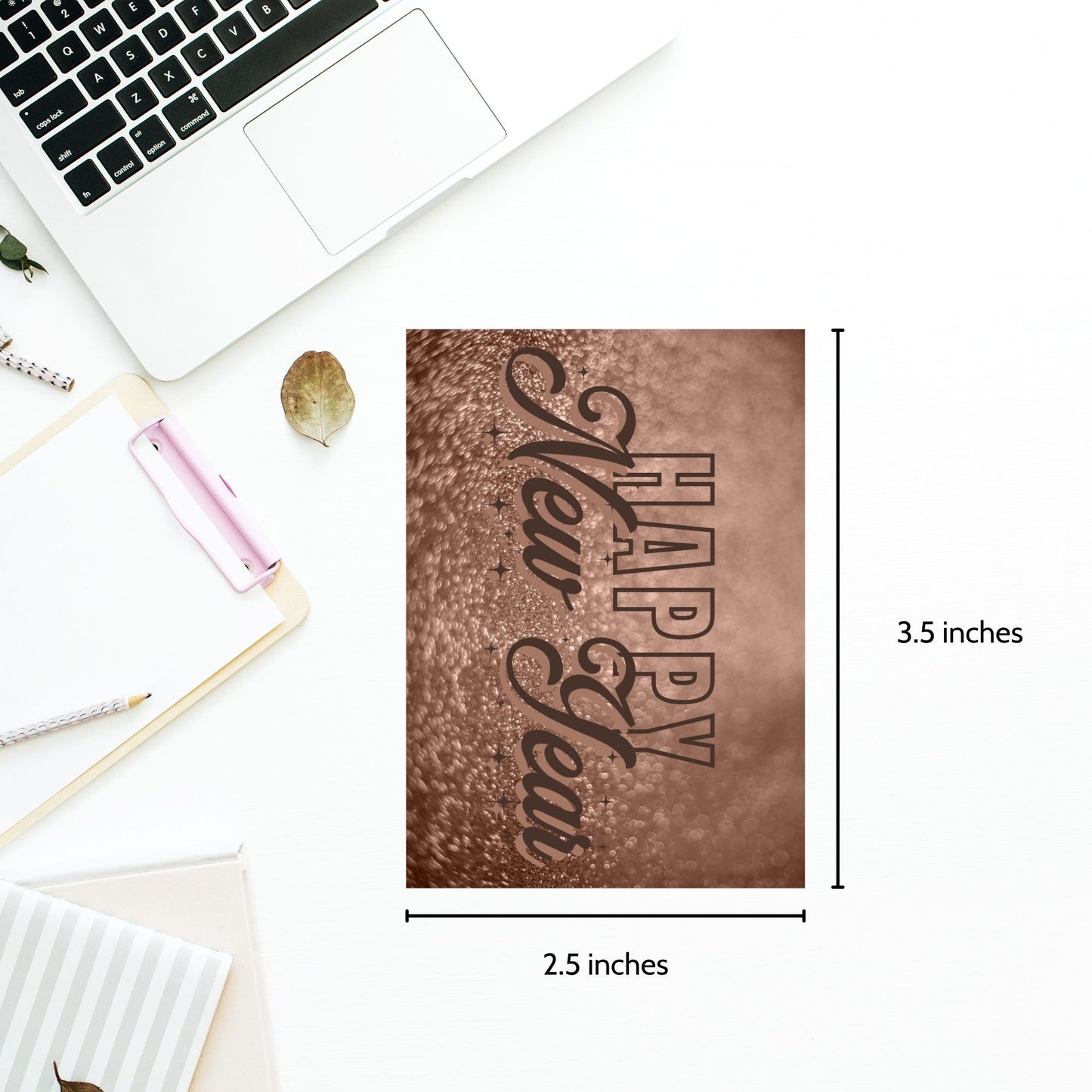 Elegant Mocha Mousse Happy New Year gift tags featuring the 2025 Color of the Year design, perfect for holiday gifting, with "Happy New Year" text in stylish typography. Printable, 2.5 x 3.5 inches, 8 per sheet.