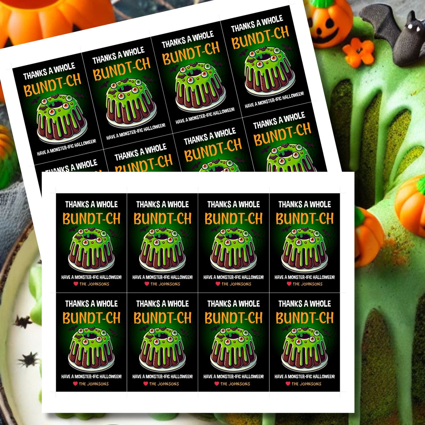 Halloween gift tag featuring a monster-themed bundt cake with green icing, creepy eyeballs, and the message 'Thanks a Whole Bundt-Ch. Have a Monster-ific Halloween!'