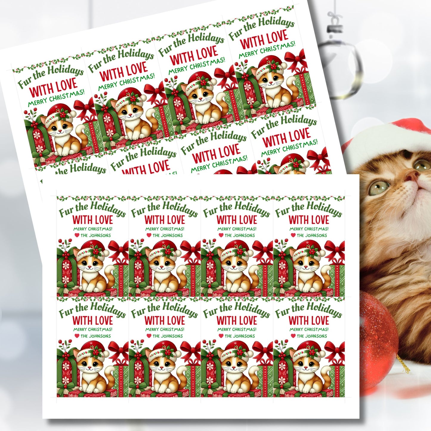 Christmas gift tags featuring a cute kitten in a Santa hat with festive gifts and holly, paired with the message "Fur the Holidays with Love." These printable and editable tags are perfect for adding a warm touch to gifts for cat lovers.