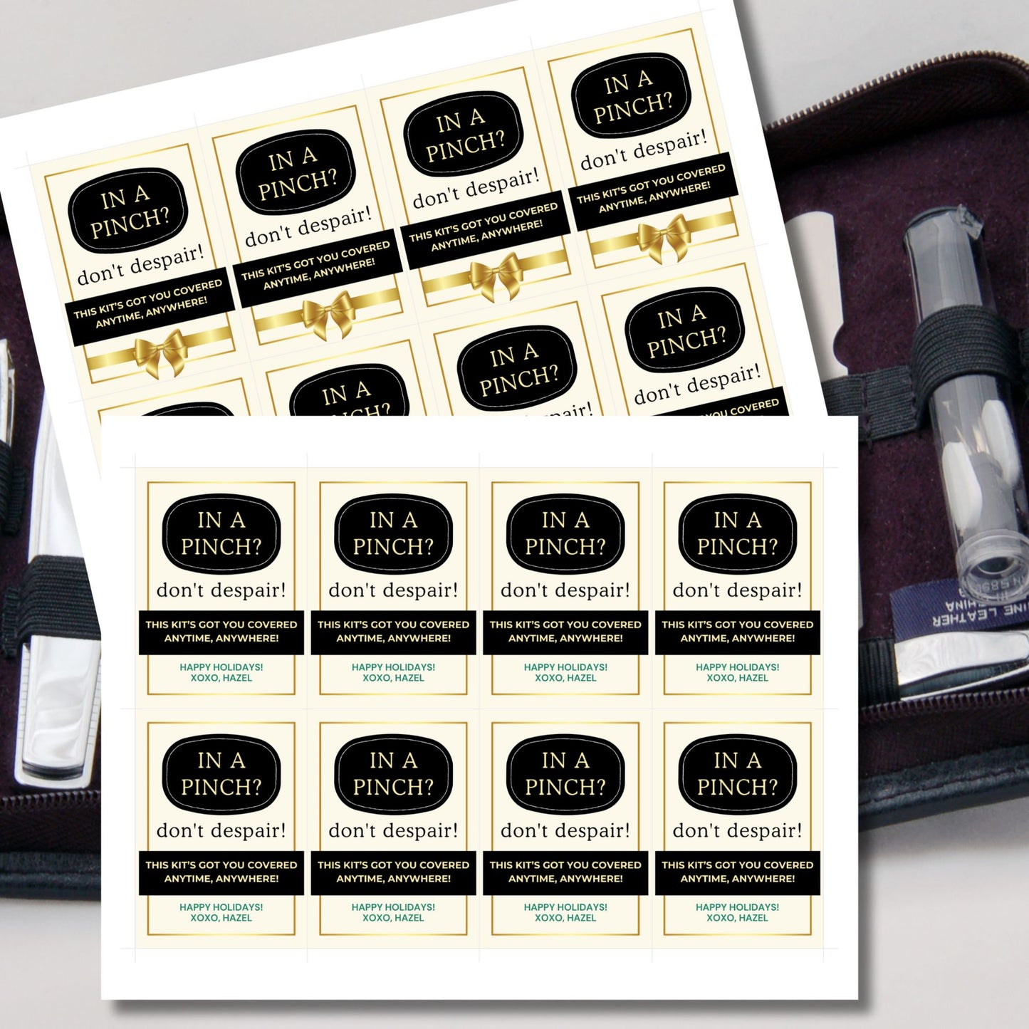 Elegant black and gold "In A Pinch? Don’t Despair!" gift tags, perfect for emergency kits or small survival packs. Includes printable and editable Canva template.