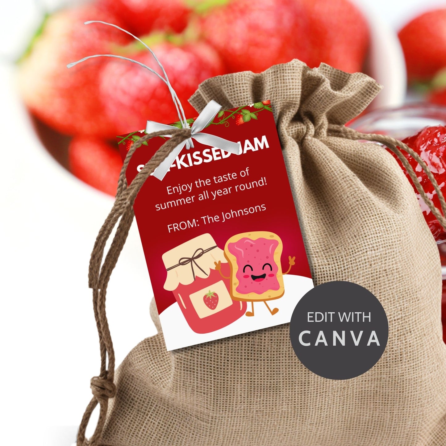Charming gift tags featuring a colorful jam and toast design with the text "Sun-Kissed Jam. Enjoy the taste of summer all year round!" Personalize with names and messages.