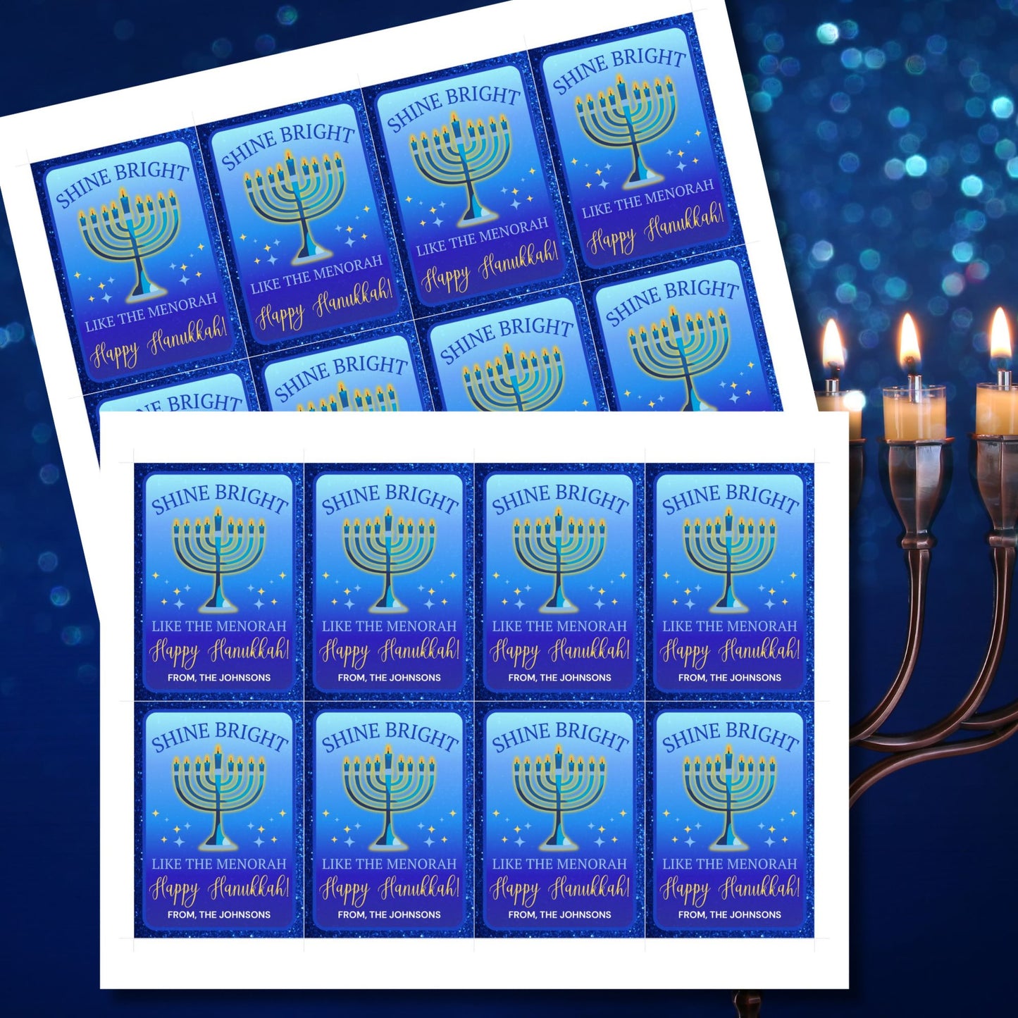 A sheet of eight printable and editable Hanukkah gift tags featuring a vibrant menorah design with the text "Shine Bright Like the Menorah - Happy Hanukkah!" Perfect for adding a festive touch to Hanukkah gifts.