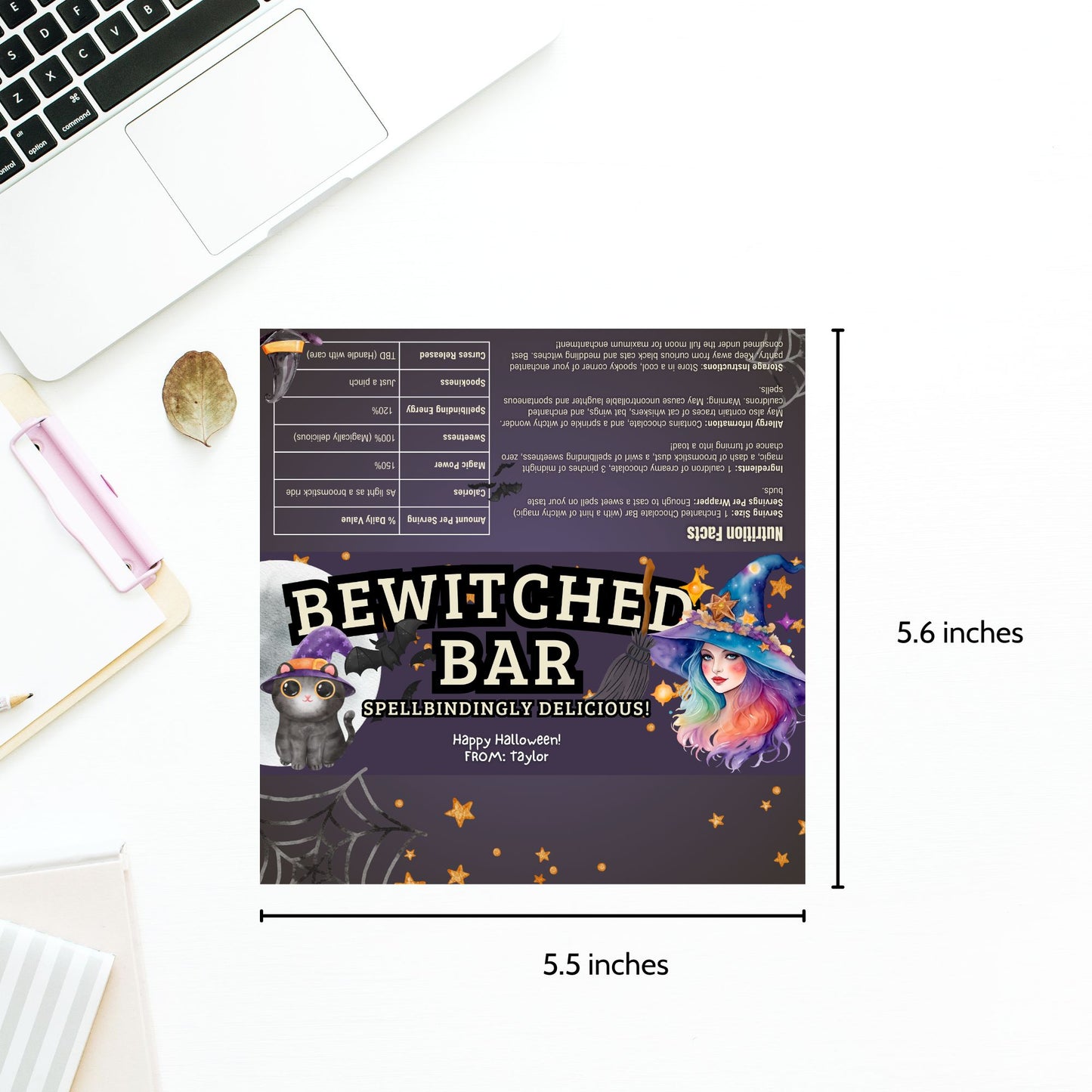 Printable and editable witch and cat-themed Halloween chocolate bar wrapper featuring a colorful witch and black cat, perfect for Halloween treats and parties.