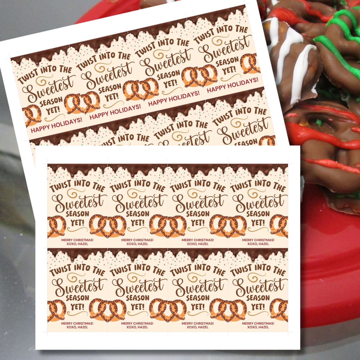 Printable holiday gift tags reading "Twist Into the Sweetest Season Yet!" with pretzel illustrations, chocolate drizzle, and sprinkles. Perfect for pretzel-themed gifts. Includes printable PDF and editable Canva template.