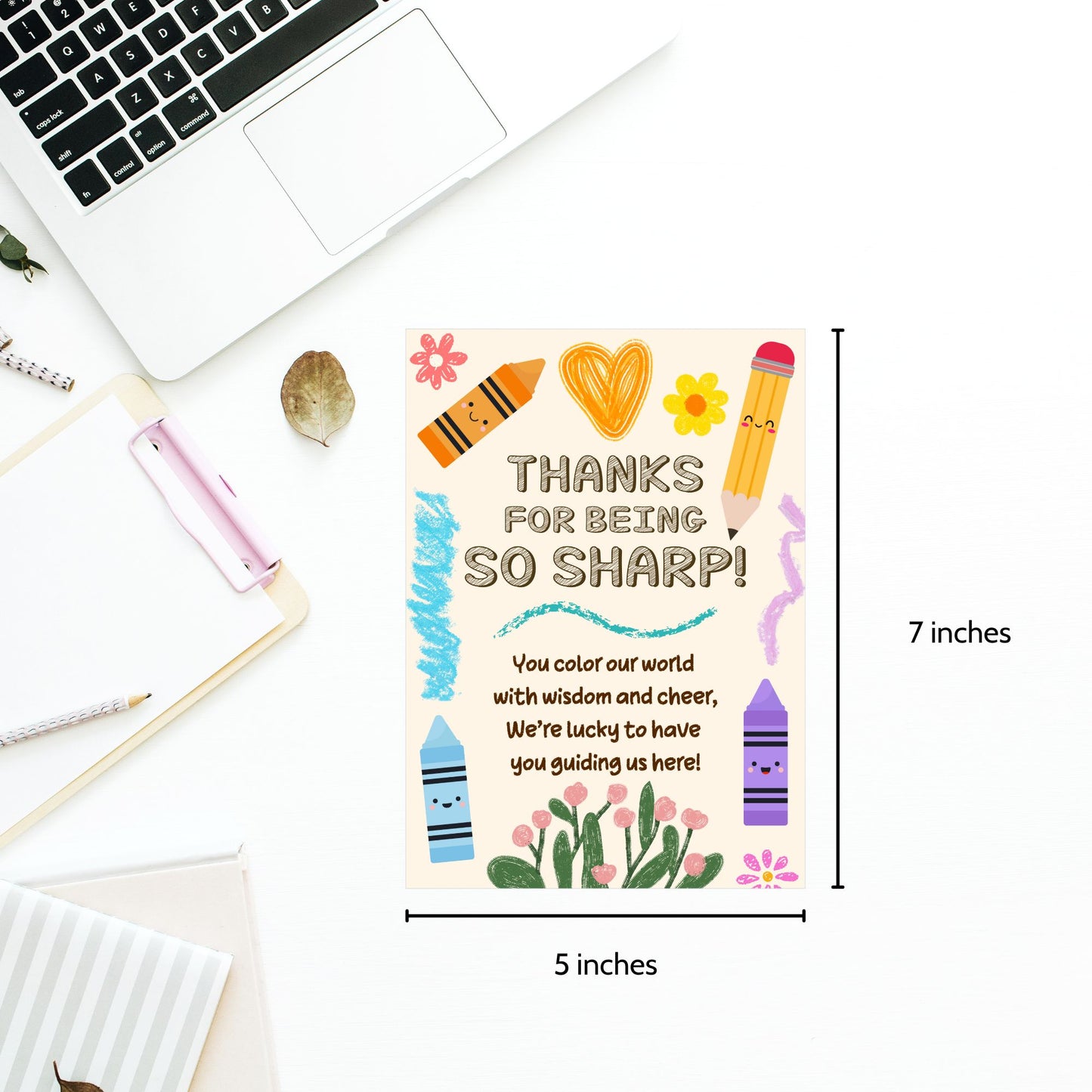 Printable teacher card reading “Thanks for Being So Sharp” with crayon design – 5x7 digital download