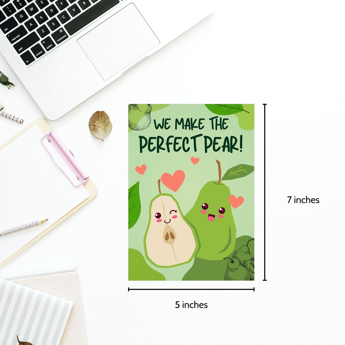 A cute and punny printable Valentineās Day card featuring two adorable pears with smiling faces, symbolizing the perfect pair in love or friendship.