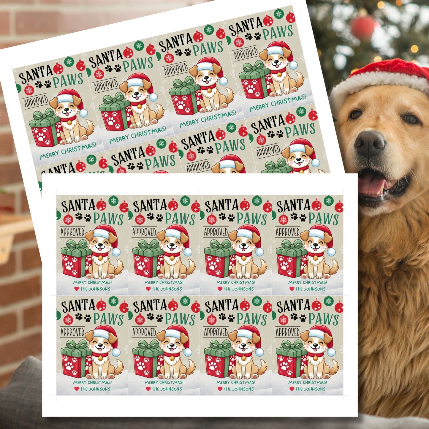 Christmas gift tags featuring an adorable puppy in a Santa hat, festive ornaments, and the message "Santa Paws Approved." These printable and editable tags are perfect for pet lovers and add a playful touch to holiday gifts.