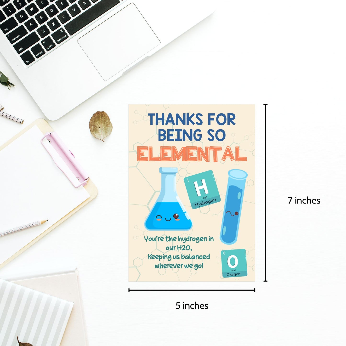 Science-themed printable card reading “Thanks for Being So Elemental” with periodic table style – 5x7 PDF digital download