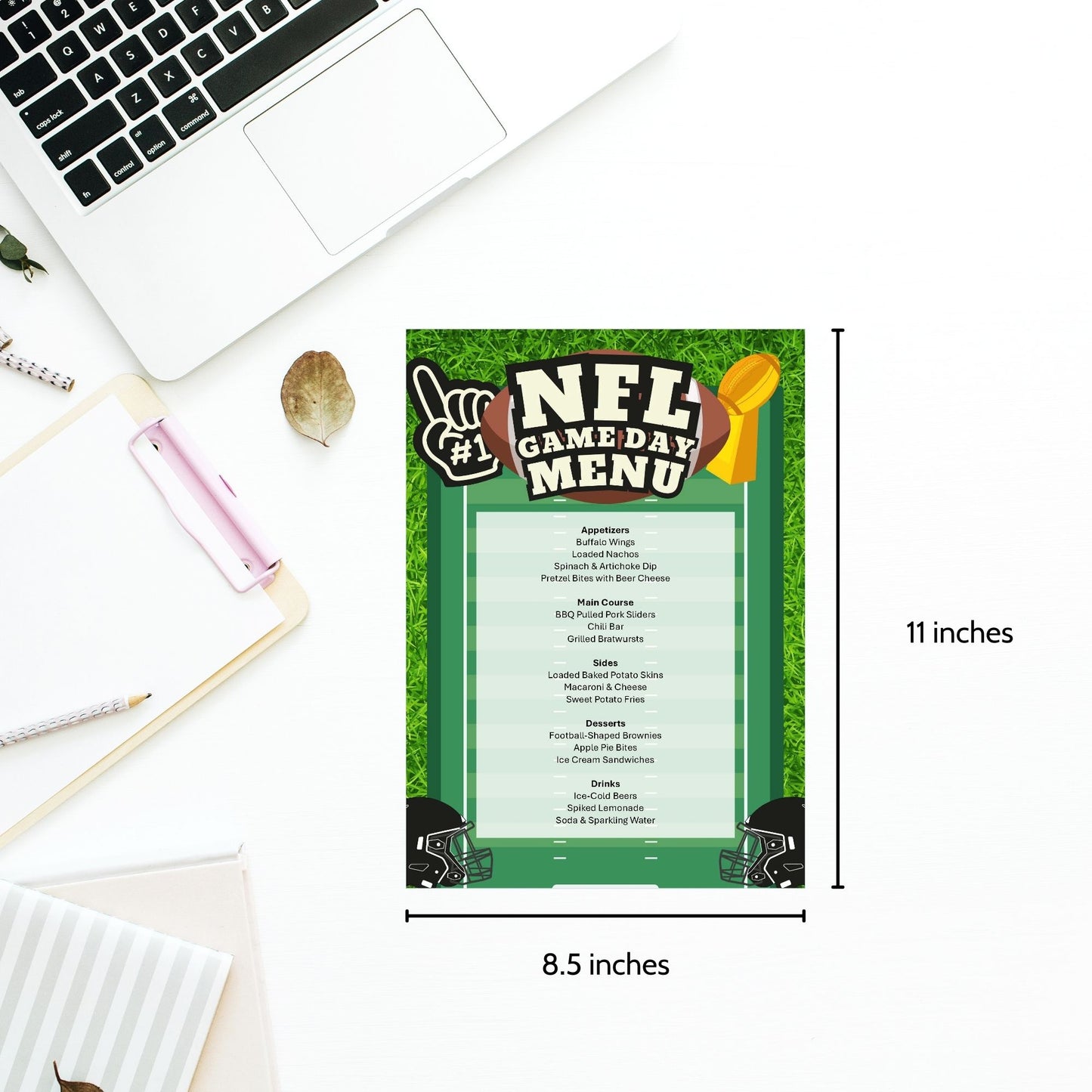 Editable NFL Game Day Menu Template showcasing classic football snacks and meals like Buffalo Wings, BBQ Pulled Pork Sliders, and Football-Shaped Brownies, perfect for any football watch party or tailgate event