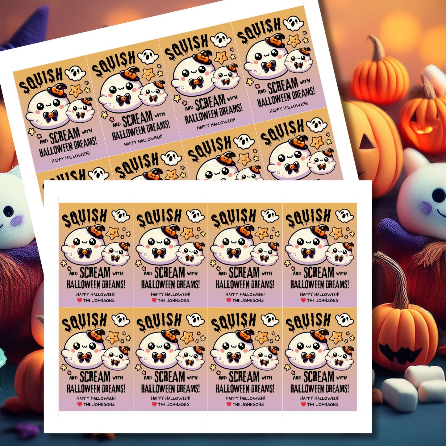 Adorable Halloween gift tags featuring squishy ghost characters with witch hats, designed for Squishmallow gifts. The tag reads "Squish and Scream with Halloween Dreams!" and is ideal for adding a fun and festive touch to your Halloween presents. Each tag is 2.5 x 3.5 inches and comes with a printable PDF and an editable template.