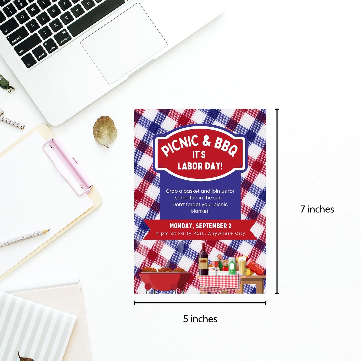 Picnic-themed Labor Day BBQ invitation featuring a red, white, and blue checkered blanket design with BBQ and picnic elements.
