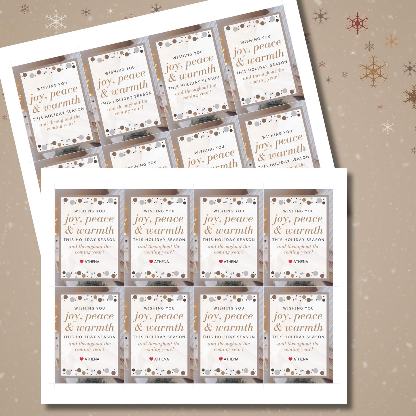 A set of eight printable and editable Christmas gift tags featuring a warm Beige Winter Delight palette with golden accents and a festive message. Perfect for elegant, minimalist gift wrapping. Each tag measures 2.5 x 3.5 inches, laid out on an 8.5 x 11-inch sheet.
