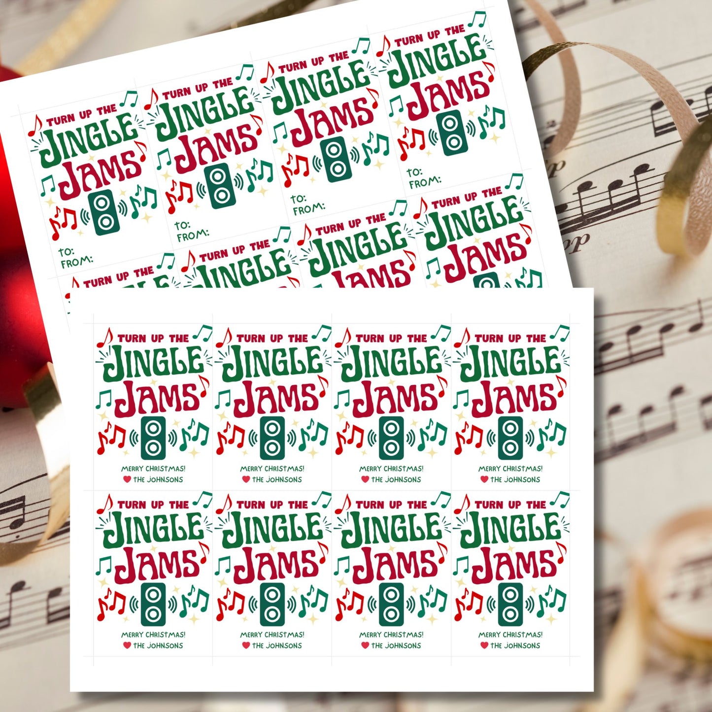 Christmas gift tags with the message "Turn Up the Jingle Jams," featuring musical notes and a speaker icon, perfect for gifts like Bluetooth speakers or Christmas party favors. These printable and editable tags add a fun and festive touch.