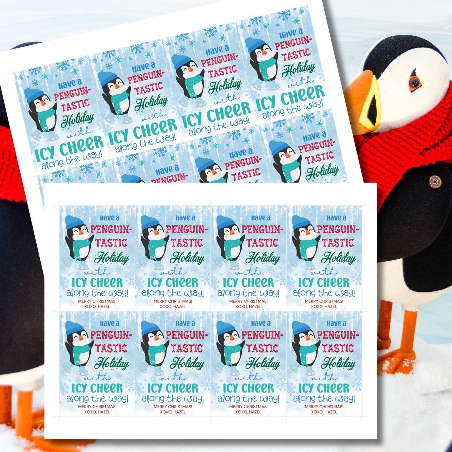 Penguin-themed Christmas gift tags featuring a happy penguin wearing a blue hat and green scarf, surrounded by snowflakes. The text reads 'Have a Penguin-tastic Holiday with Icy Cheer Along the Way!'