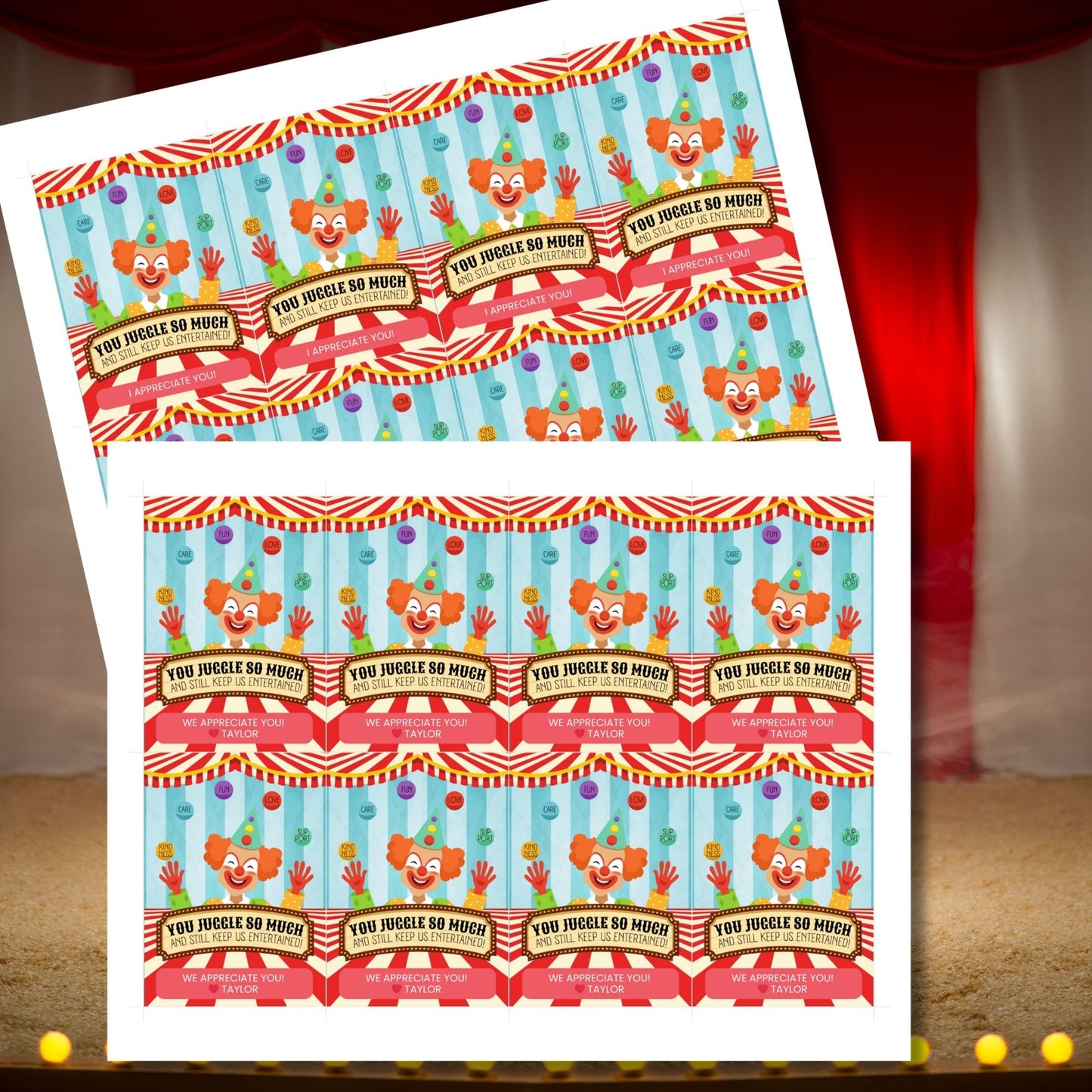 Circus-themed teacher appreciation gift tags, featuring a juggling clown with the message "You Juggle So Much and Still Keep Us Entertained!", sized 2.5 x 3.5 inches, laid out 8 per sheet on an 8.5 x 11-inch printable page. Includes editable Canva template for personalization.