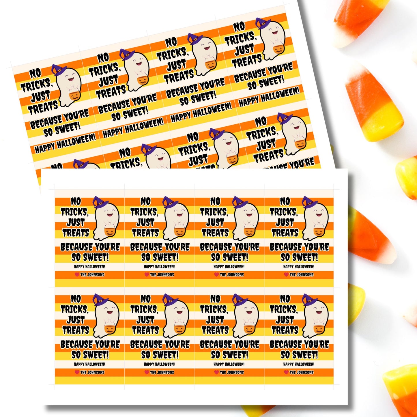 Halloween-themed printable gift tags featuring a cute ghost holding a pumpkin with the message "No Tricks, Just Treats Because You're So Sweet!" Tags are 2.5 x 3.5 inches, laid out 8 per sheet on a standard 8.5 x 11-inch page. Includes a printable PDF and a PDF with a link to an editable Canva template.