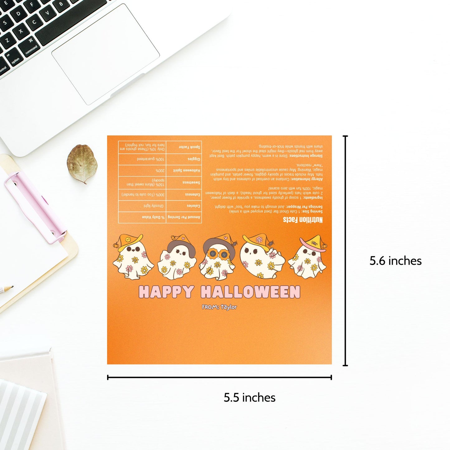 Printable and editable cute ghost-themed Halloween chocolate bar wrapper featuring pastel ghosts in witch hats, perfect for Halloween treats and parties.